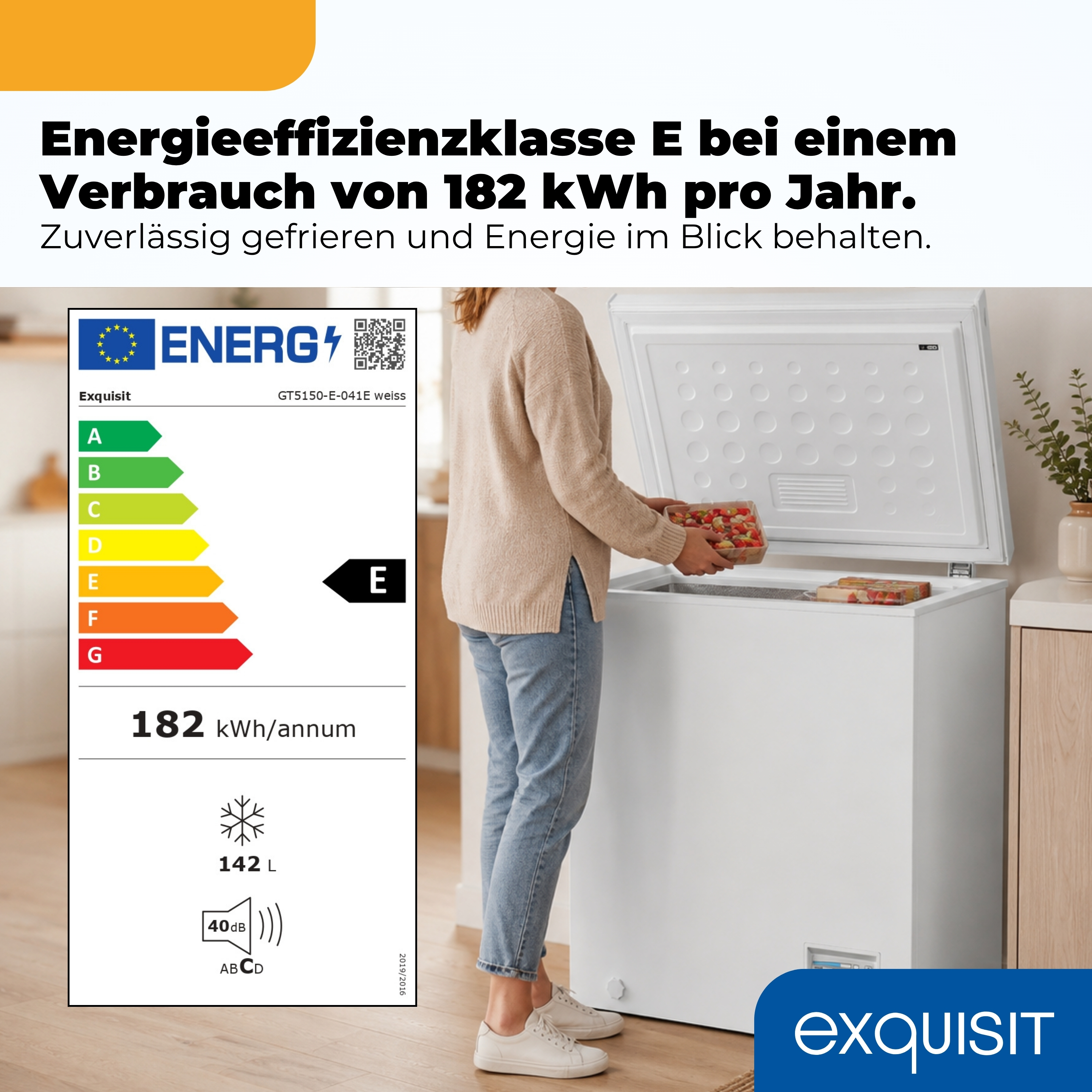 Eine Frau stellt eine Kiste mit Lebensmitteln in eine weiße Gefriertruhe.