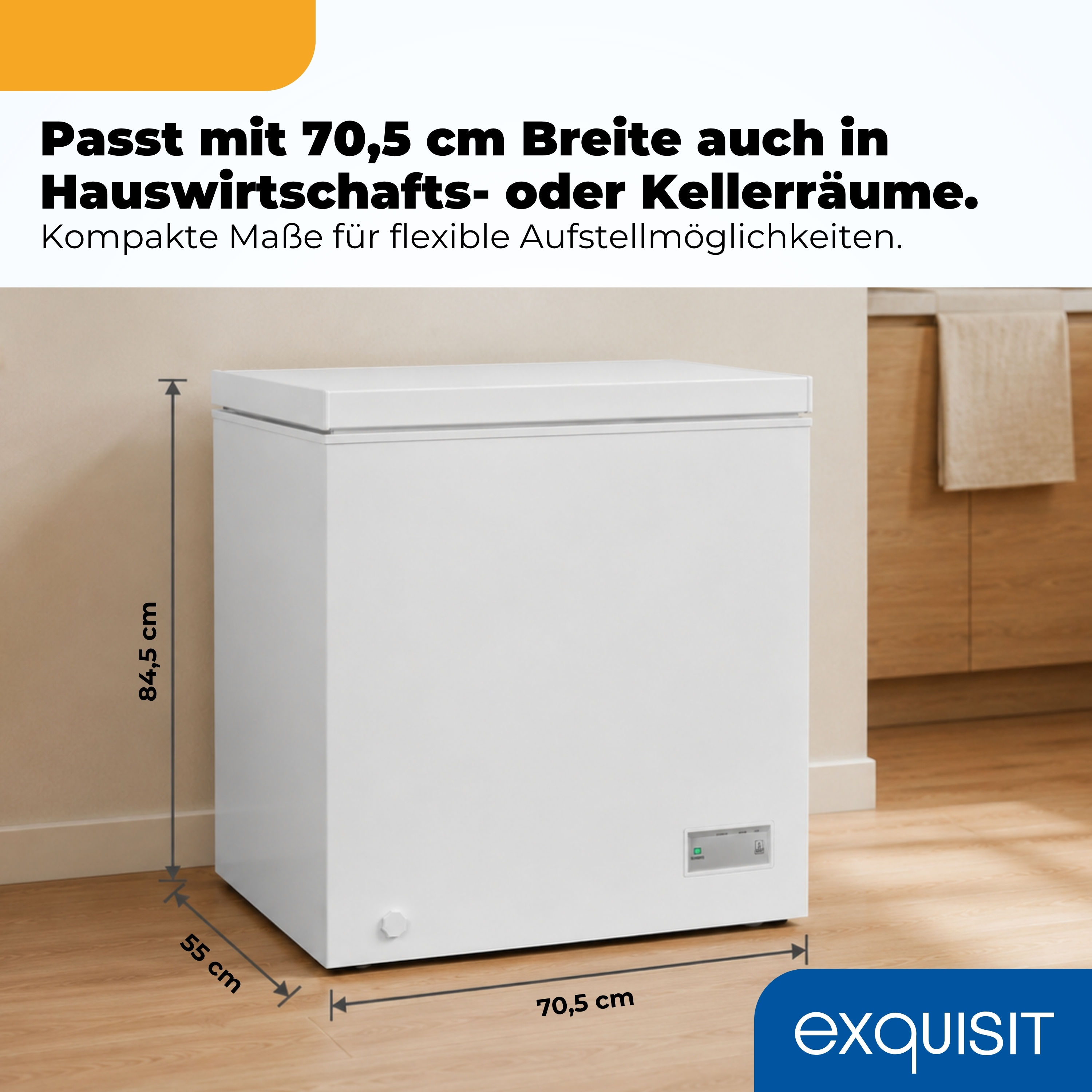 Ein weißer Gefrierschrank mit Maßen 70,5 x 55 x 84,5 cm.