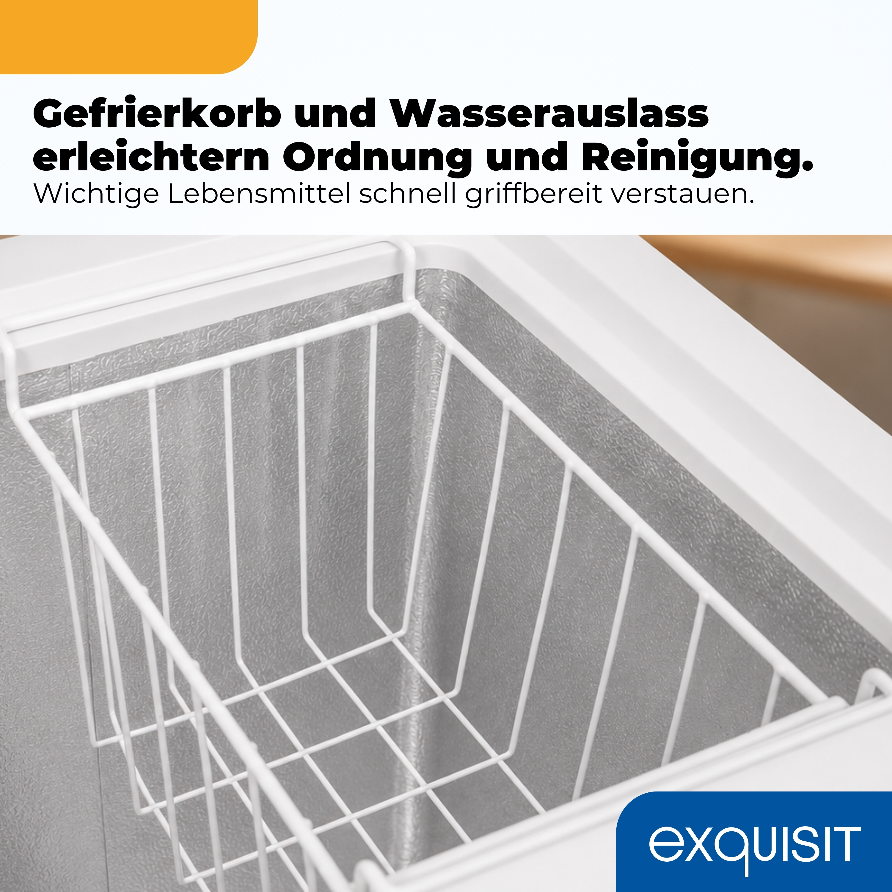 Ein weißer Gefrierkorb aus Metall in einem Gefrierschrank.