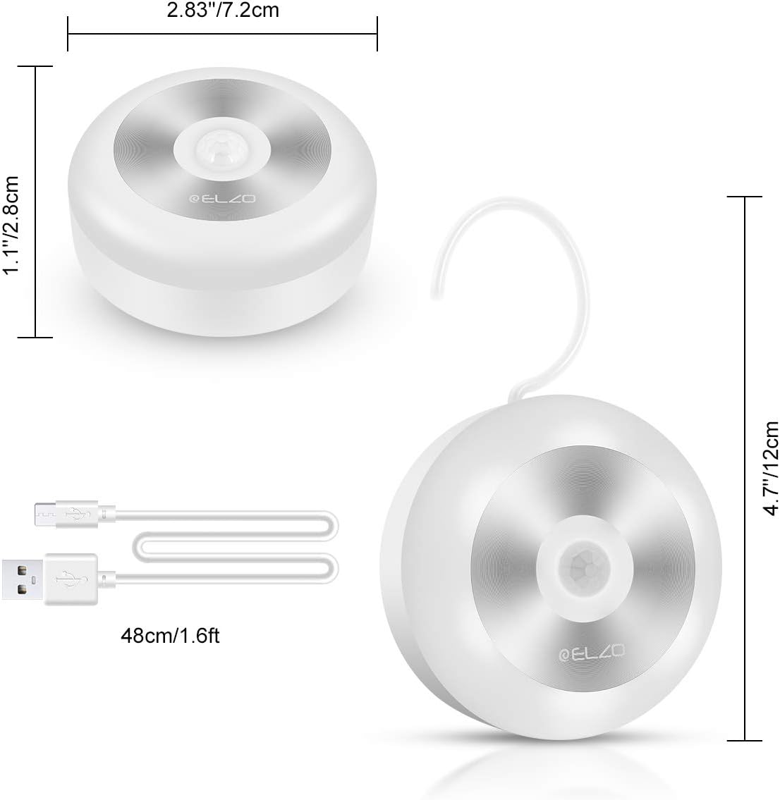 Zwei weiße Bewegungsmelder-Leuchten, eine mit Maßen, eine mit Haken. USB-Kabel enthalten.