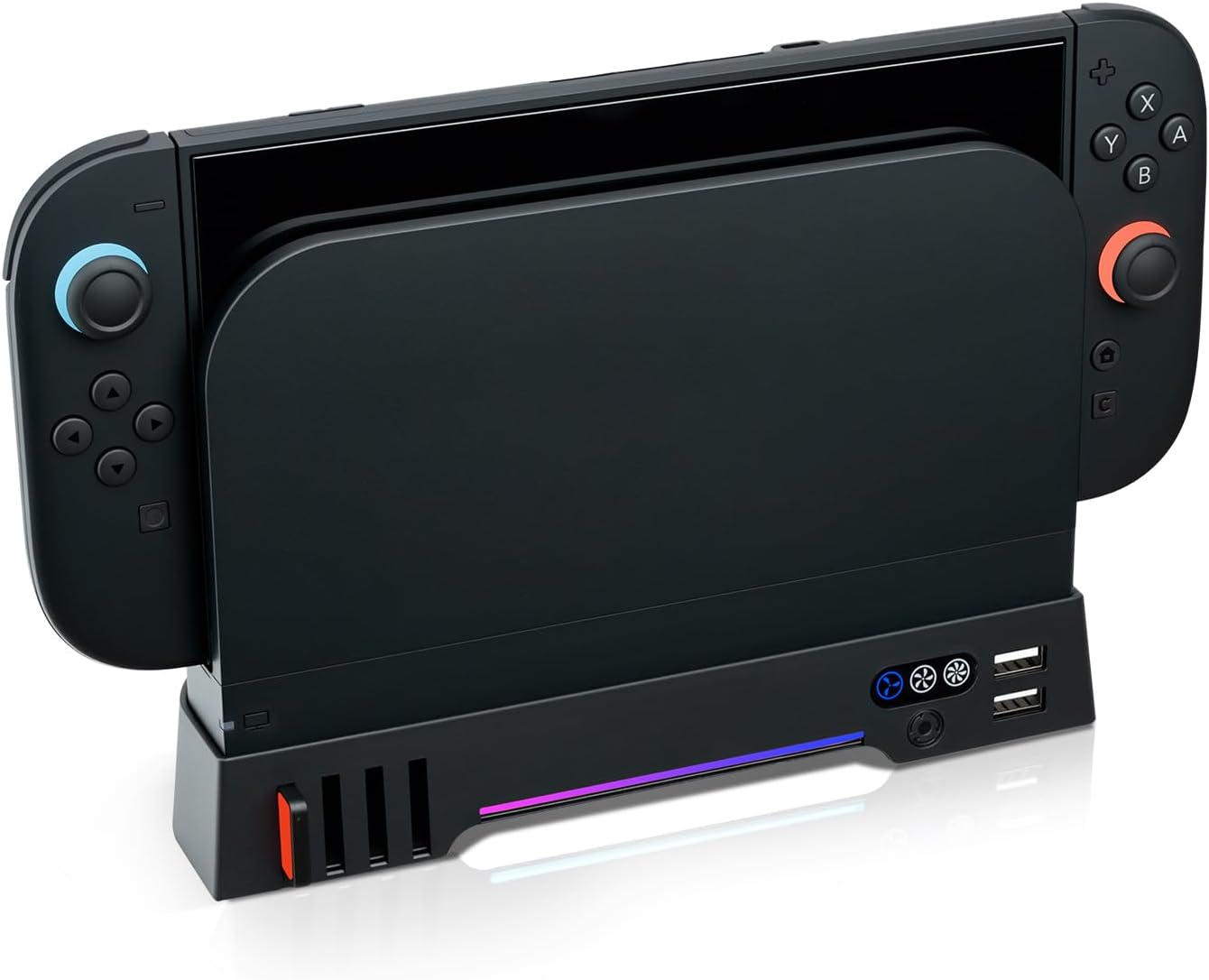 Schwarzer Nintendo Switch Dock mit abgenommenen Joy-Cons und USB-Anschlüssen.