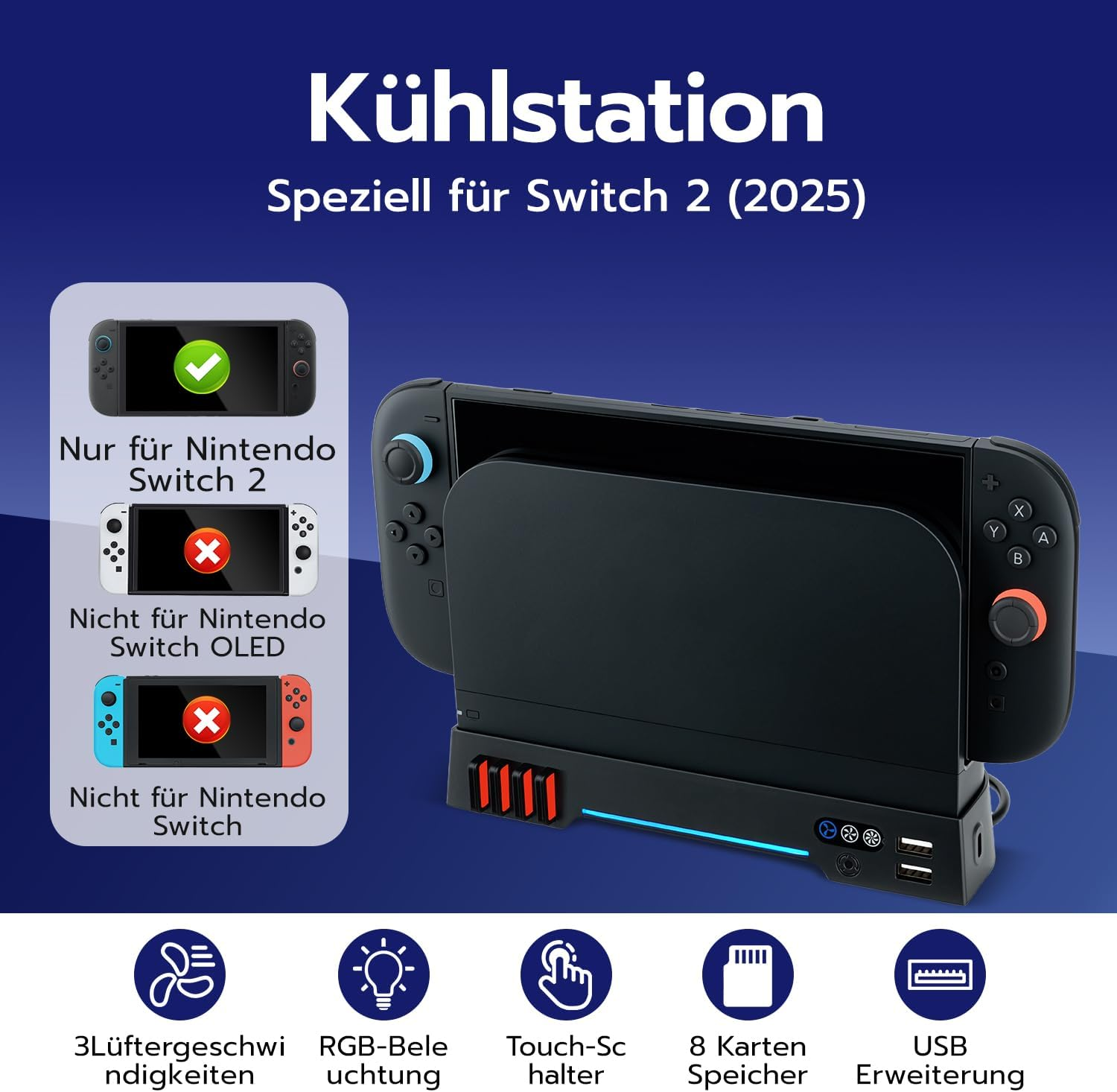 Kühlstation für Nintendo Switch 2, zeigt kompatible und inkompatible Konsolen.