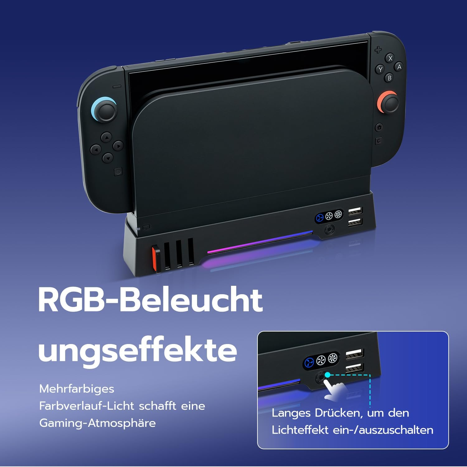 Schwarz Dockingstation mit RGB-Lichteffekten und Joy-Con-Controller für Nintendo Switch.