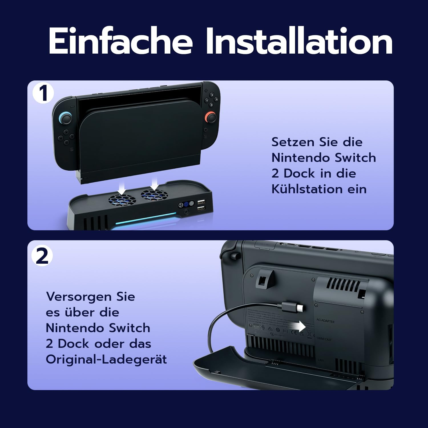 Einfache Installation: Nintendo Switch Dock in Kühlstation einsetzen und mit Strom versorgen.
