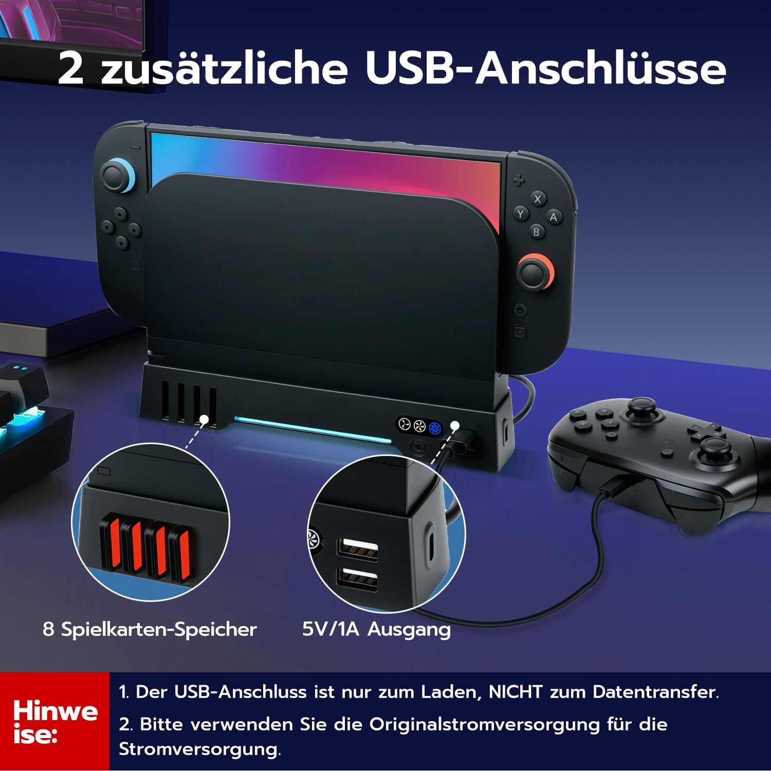 Gaming-Dock mit Controller und Spielkarten-Speicher.