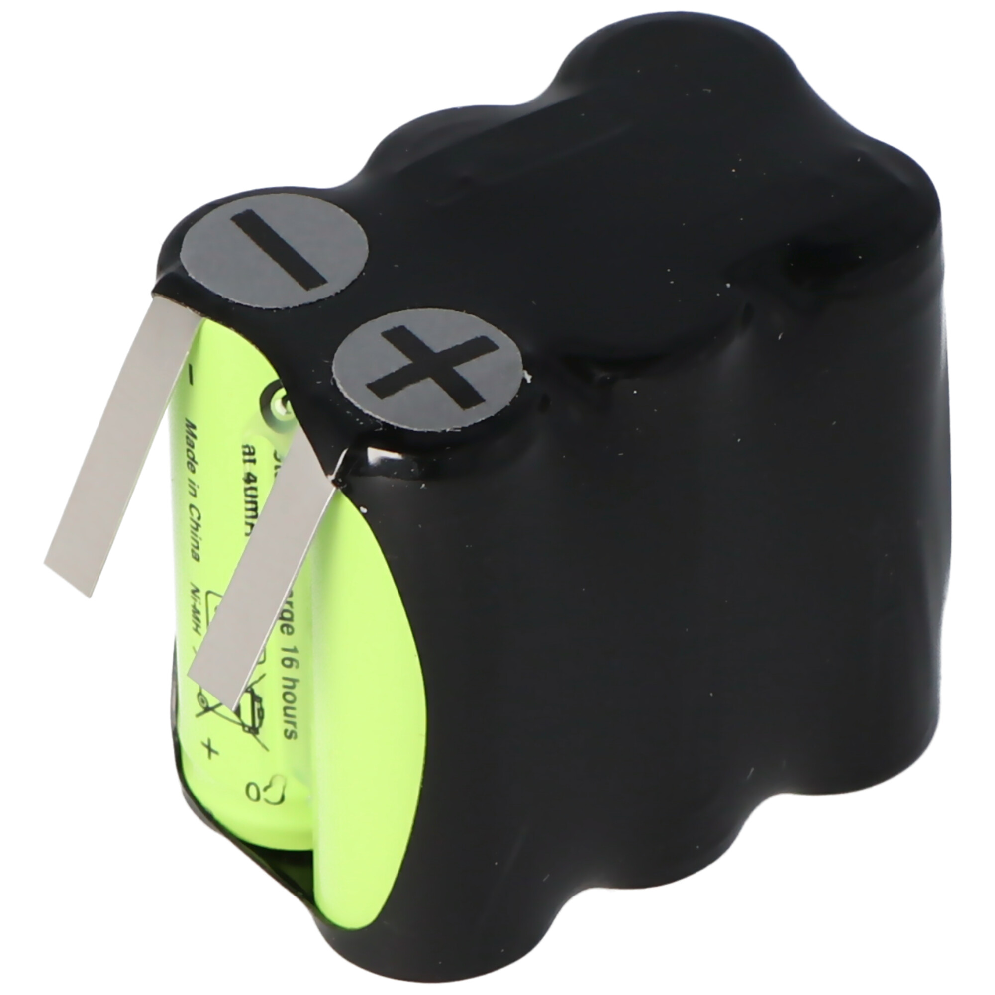 Grüne Ni-MH-Batterie mit schwarzer Hülle und Metallkontakten.