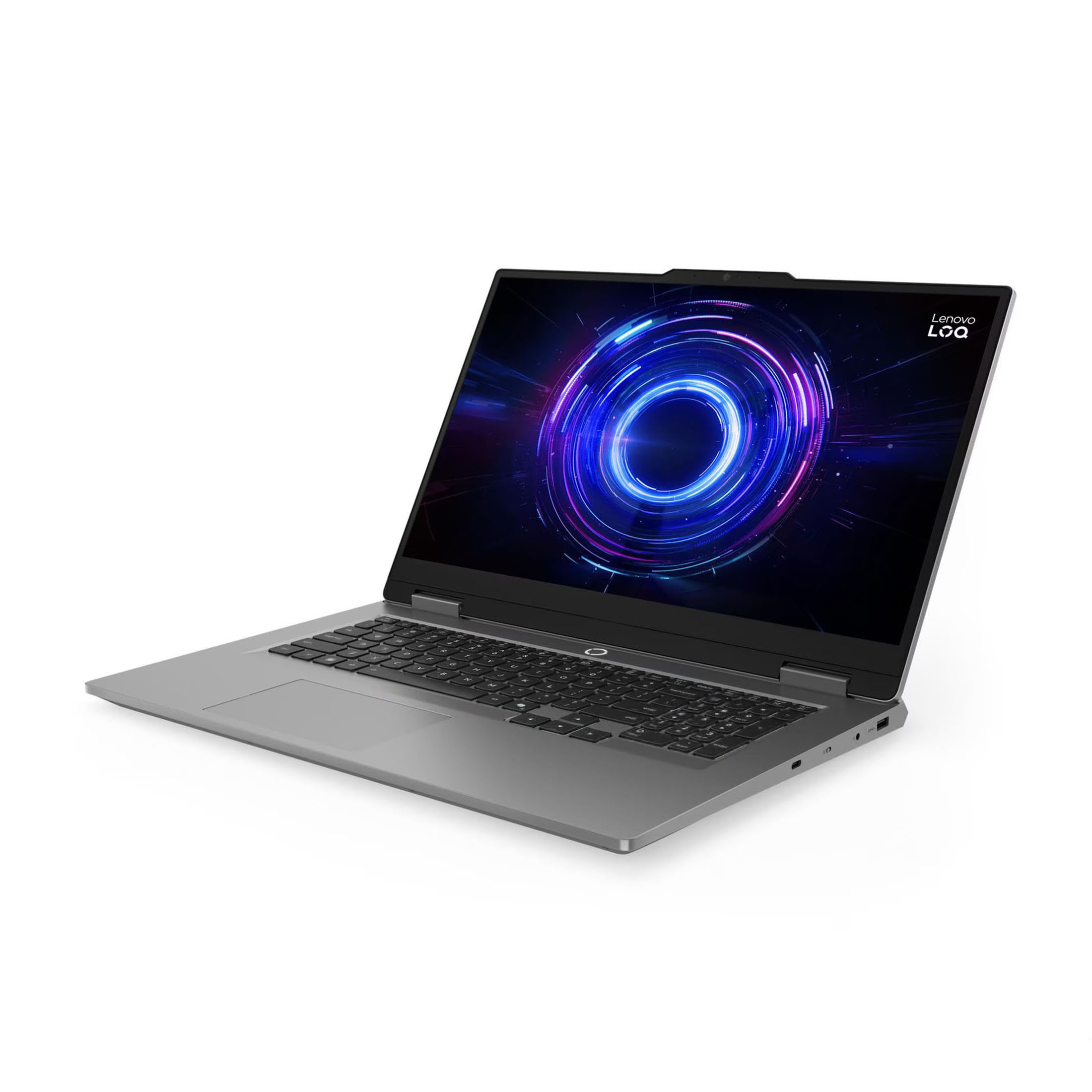 Ein silberner Lenovo LOQ Laptop mit einer leuchtenden blau-violetten Kreisgrafik.