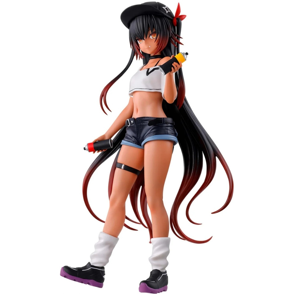 Figura anime di una ragazza con capelli neri, top corto bianco e pantaloncini di jeans.