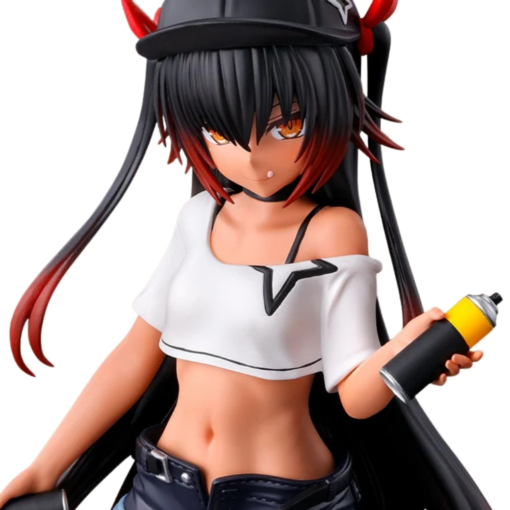 Figura anime di una giovane donna con capelli neri, corna rosse e bomboletta spray.