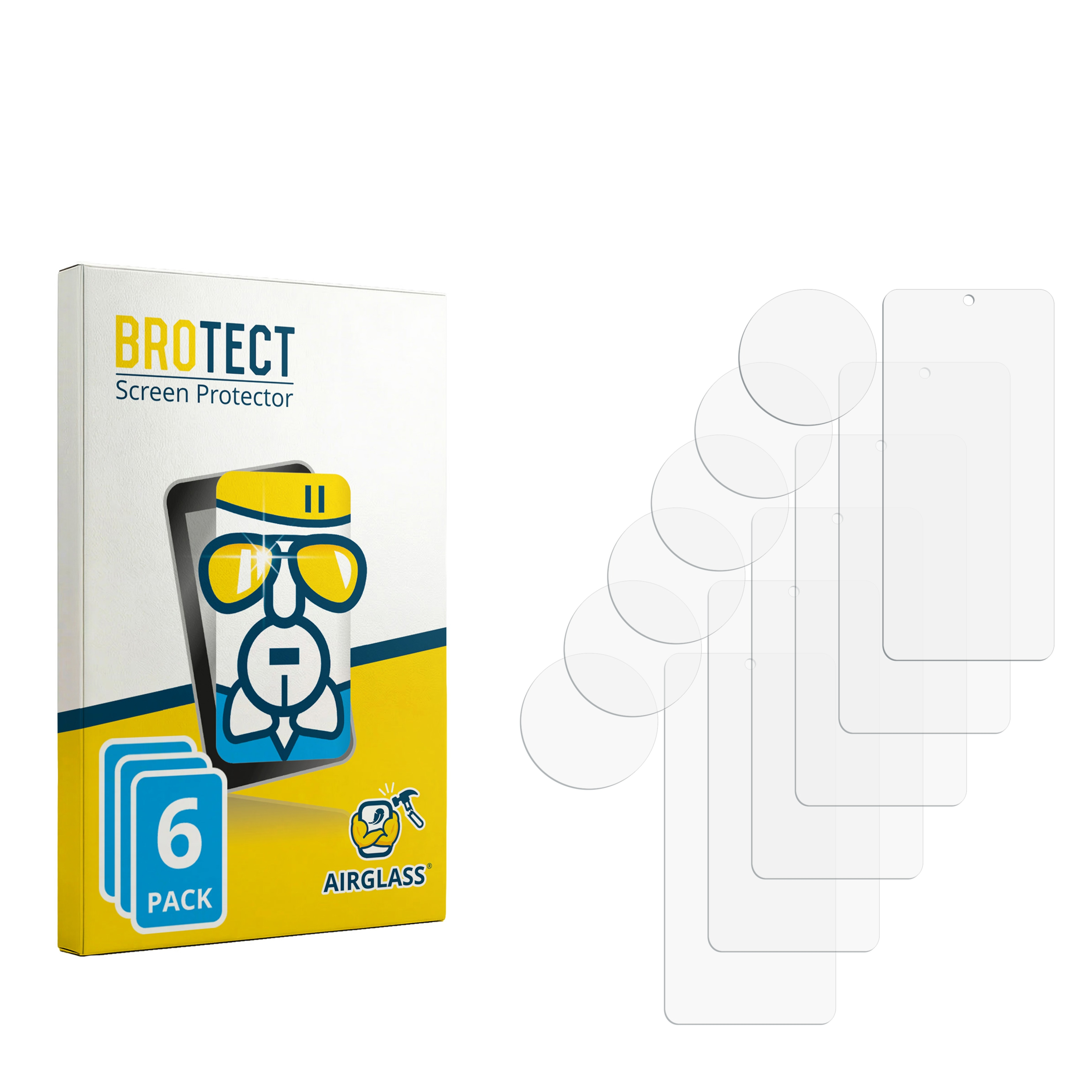 BROTECT Displayschutzfolien. Schachtel zeigt 6er Pack. Klare Folien rechts.