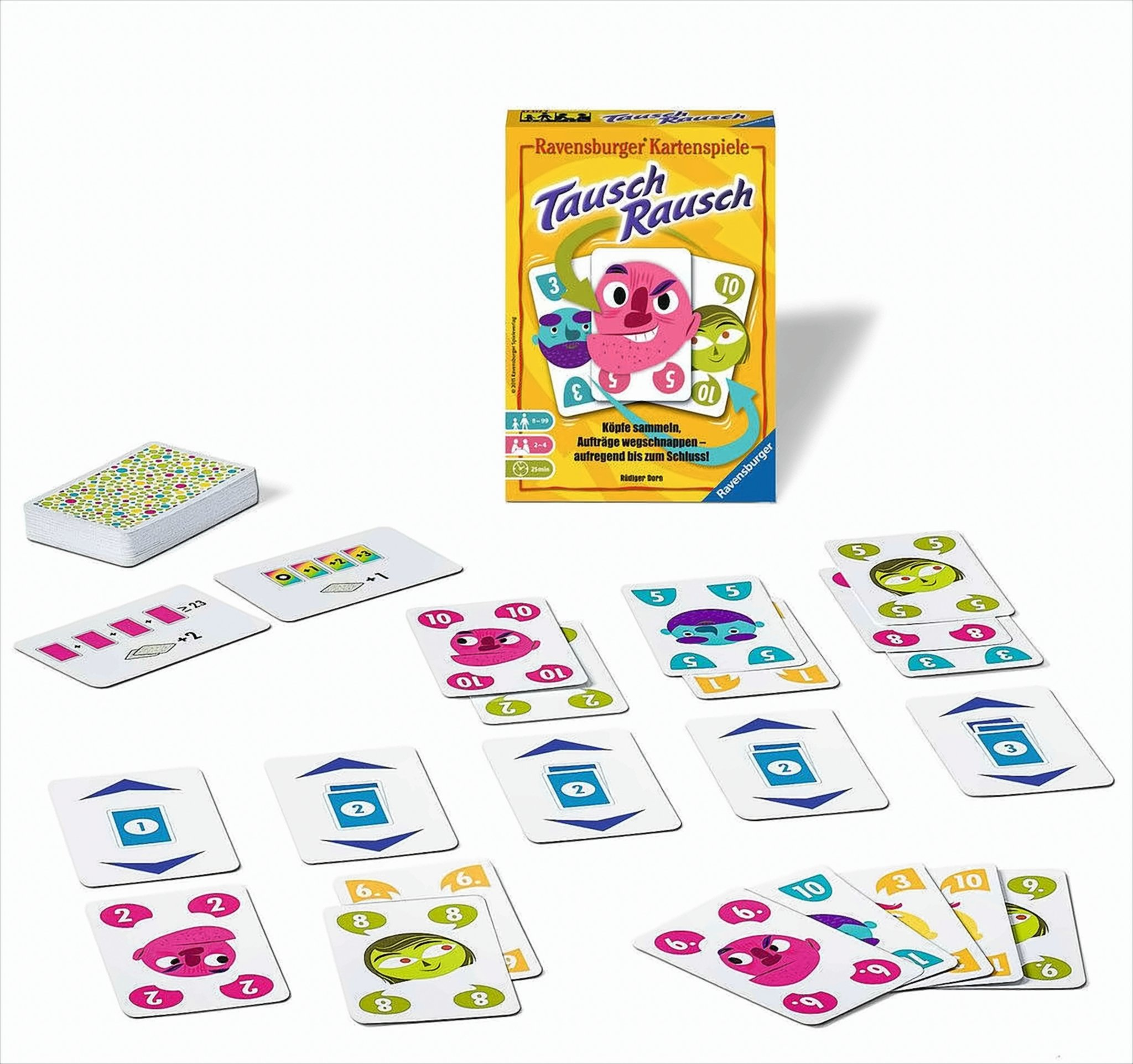Ravensburger Kartenspiel Tausch Rausch mit vielen Spielkarten und einer Spielschachtel.