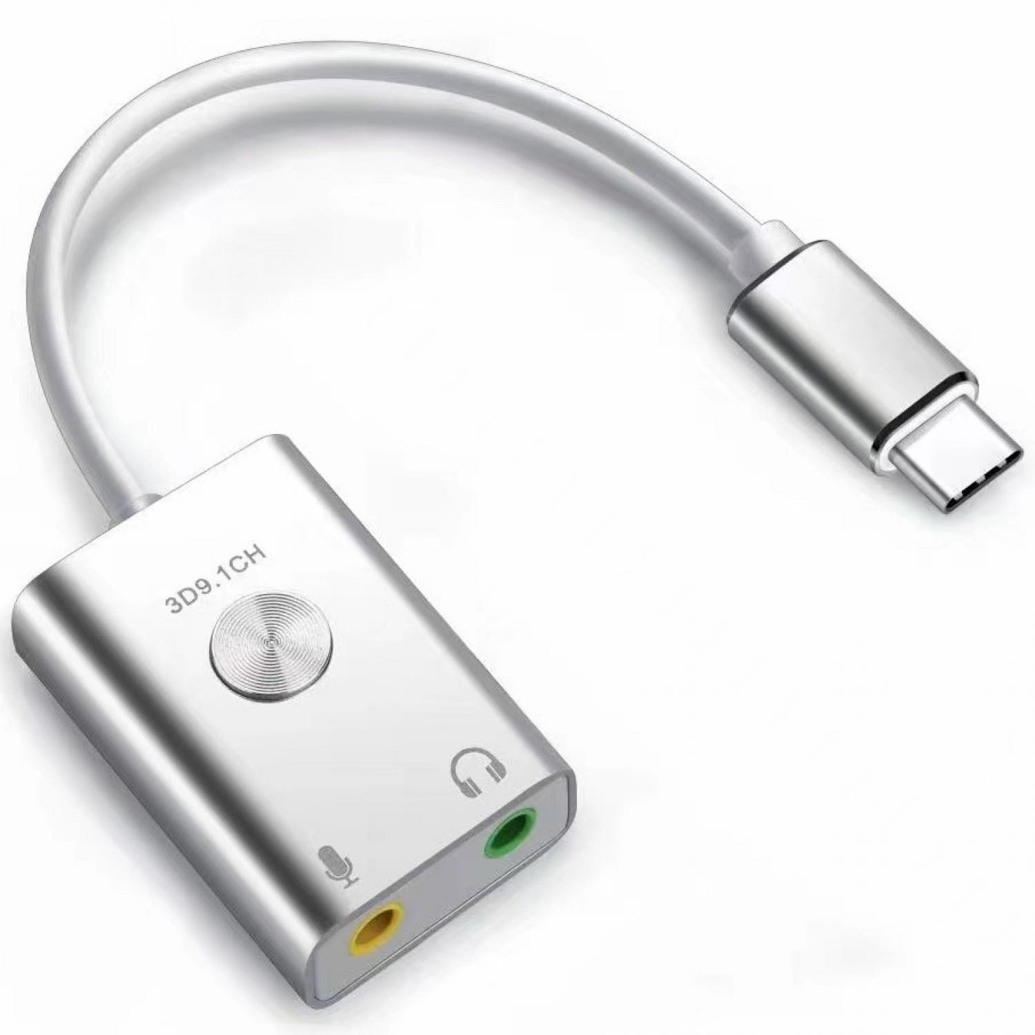 Silberner USB-C-Adapter mit 3,5-mm-Buchsen für Mikrofon und Kopfhörer.