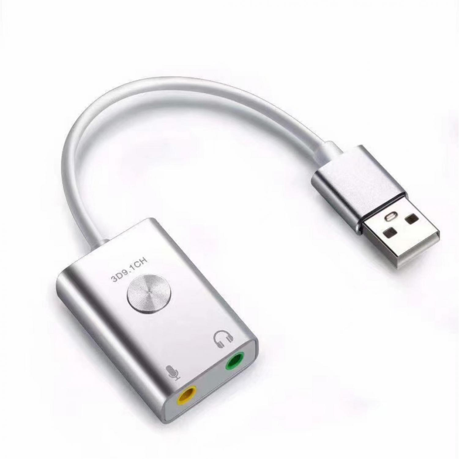 Silberner USB-Audioadapter mit 3,5-mm-Buchsen für Mikrofon und Kopfhörer.
