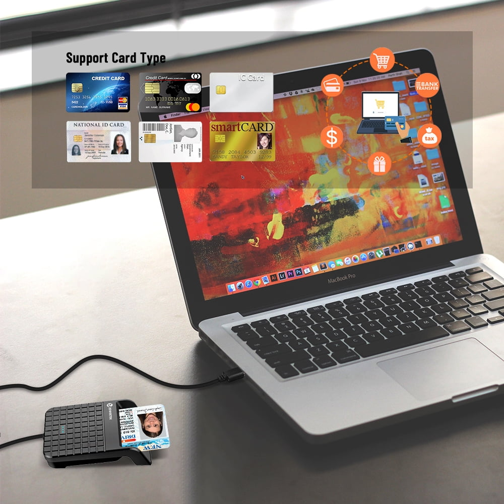 Ein Kartenleser mit einer ID-Karte ist an ein MacBook Pro angeschlossen.