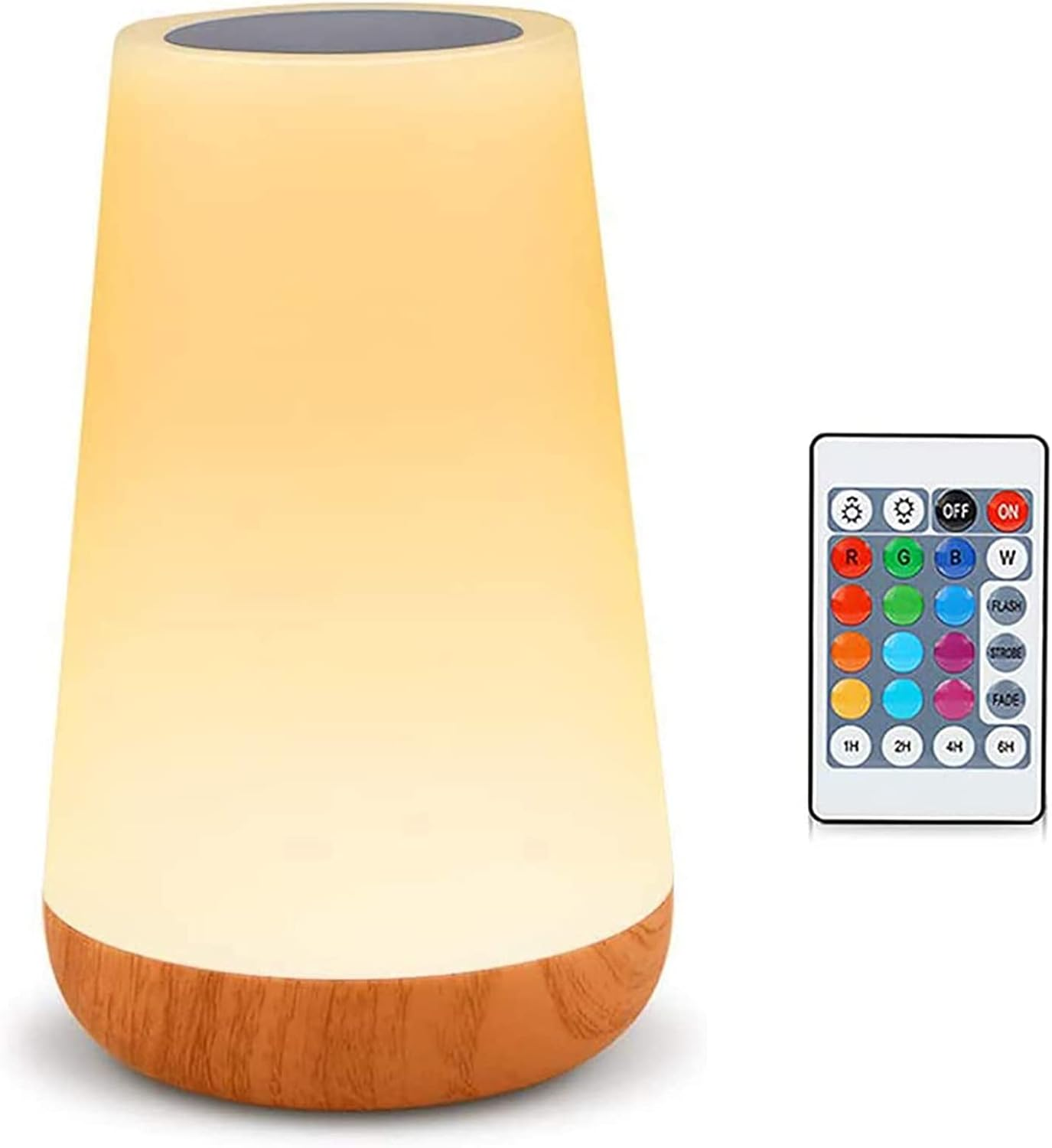 Eine Nachttischlampe mit Holzsockel und Fernbedienung.