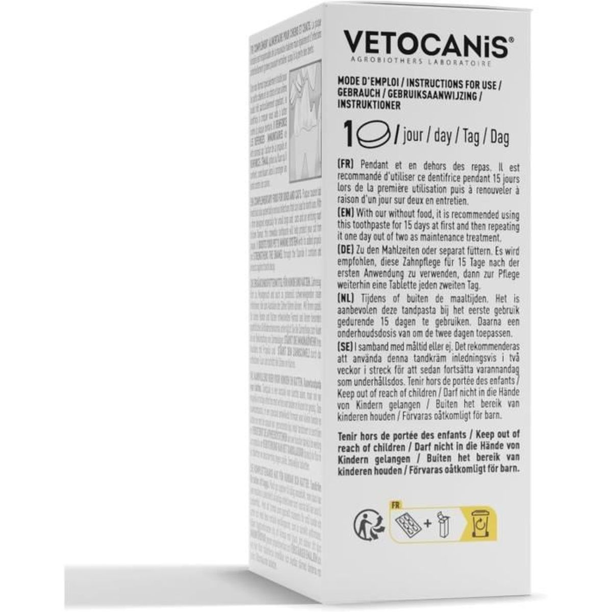 Confezione di compresse VETOCANIS per igiene dentale.