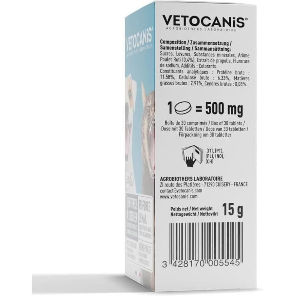 Confezione VETOCANIS da 30 compresse da 500 mg. Contiene additivi.