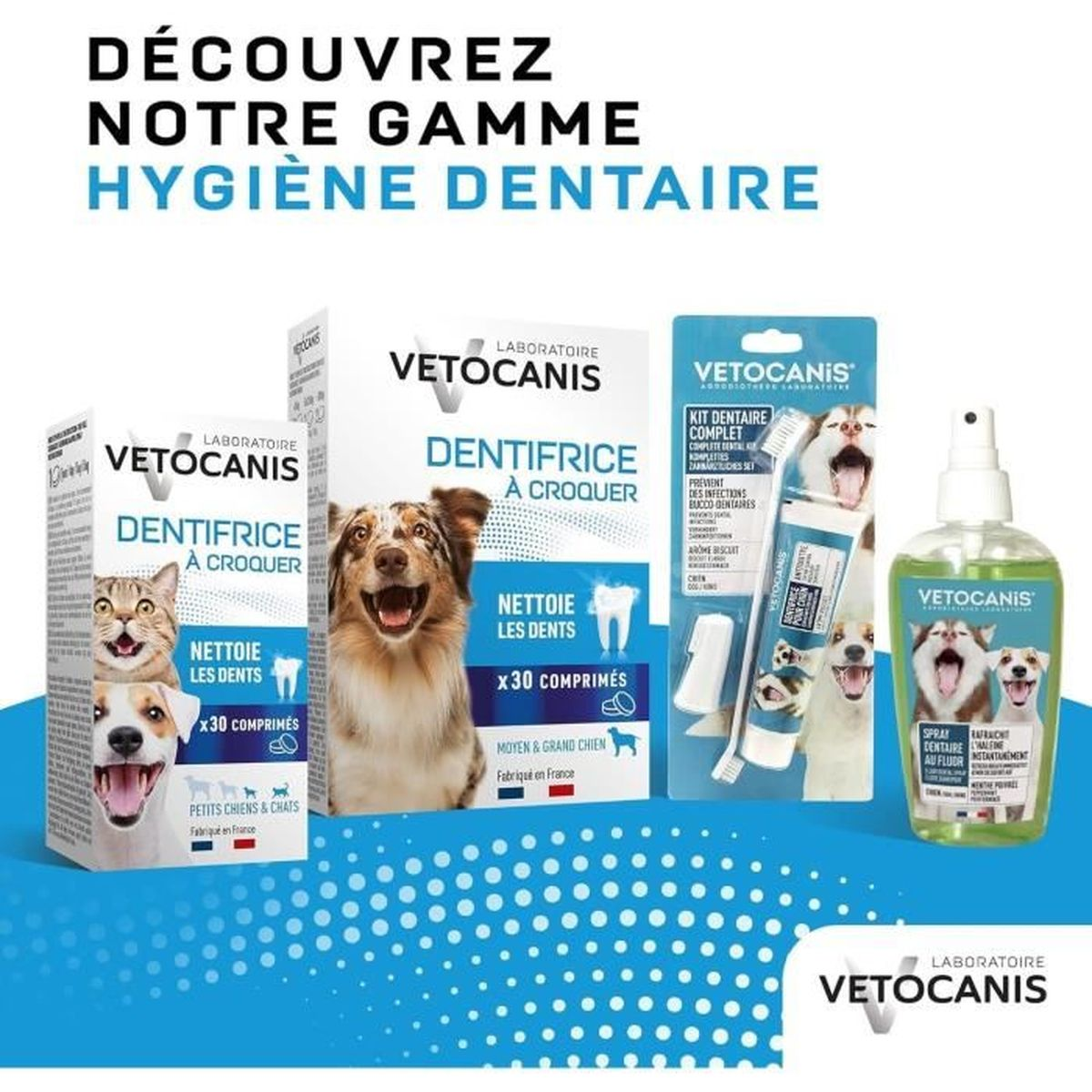 Prodotti per l'igiene dentale Vetocanis per cani e gatti: dentifricio, spazzolino e spray.