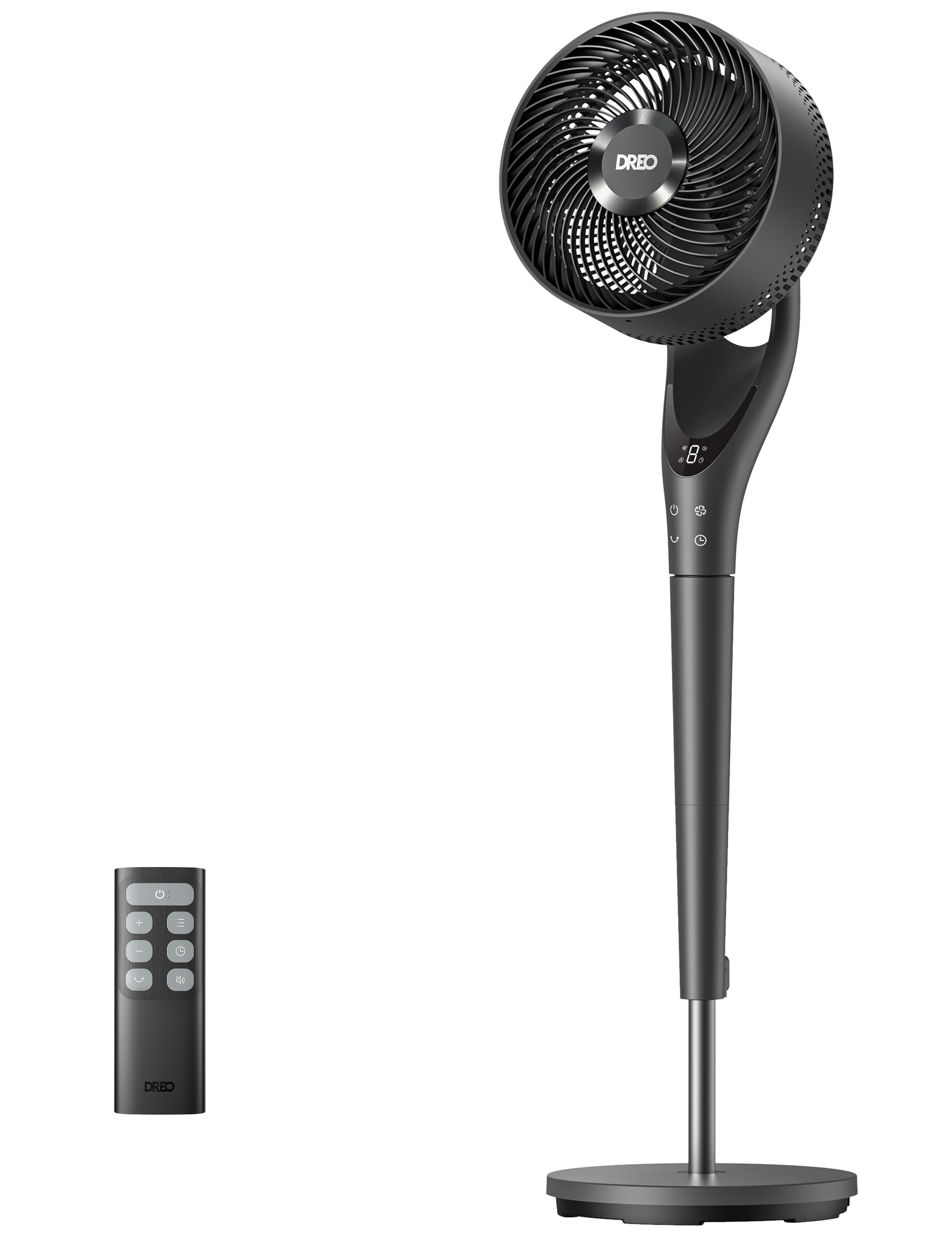 Ein schwarzer Standventilator mit Fernbedienung auf weißem Hintergrund.
