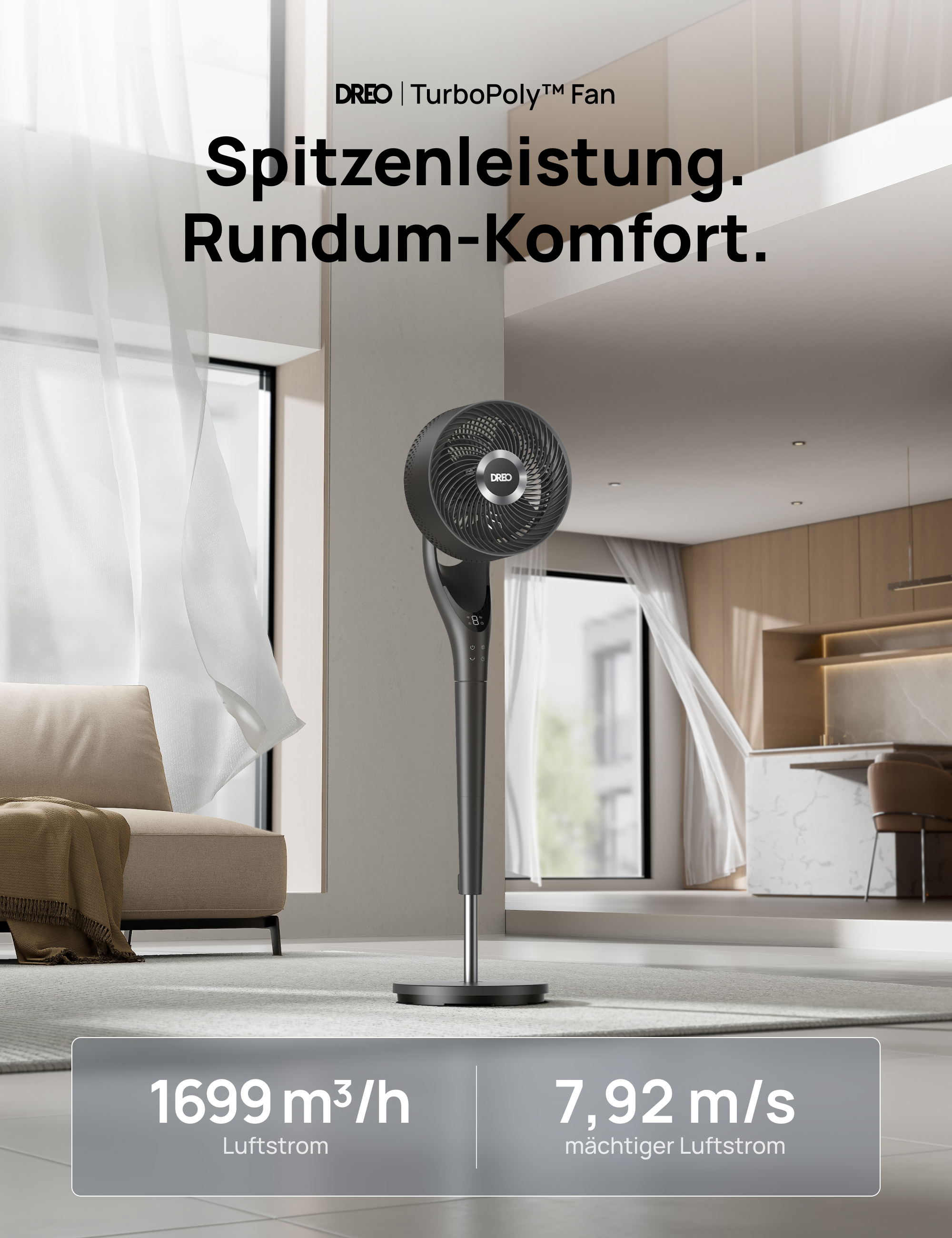 Ein moderner DREO Ventilator steht in einem stilvollen Wohnzimmer. Datenanzeige unten.