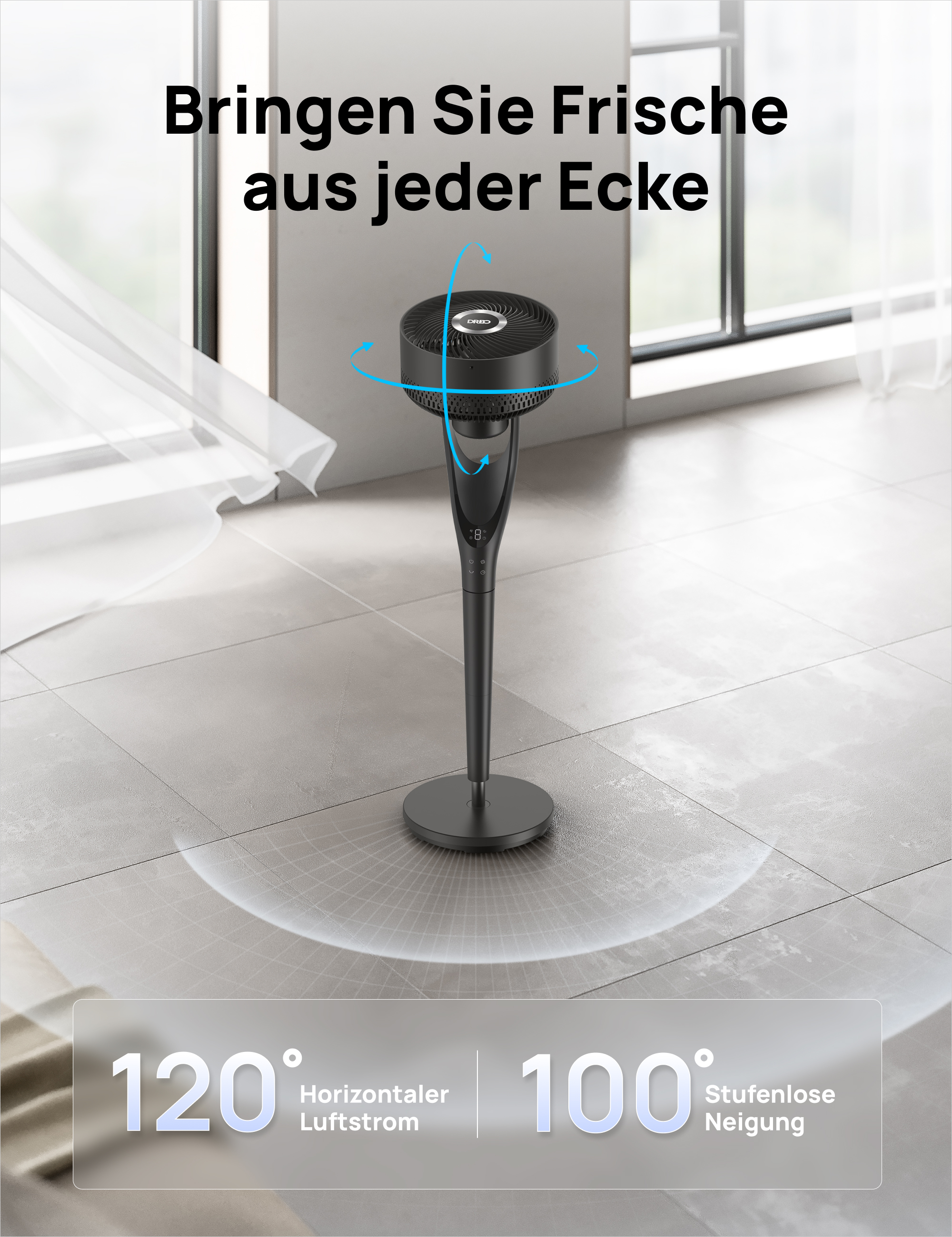 Schwarzer Turmventilator mit blauen Pfeilen, die Rotation anzeigen. Text: 120° horizontaler Luftstrom.