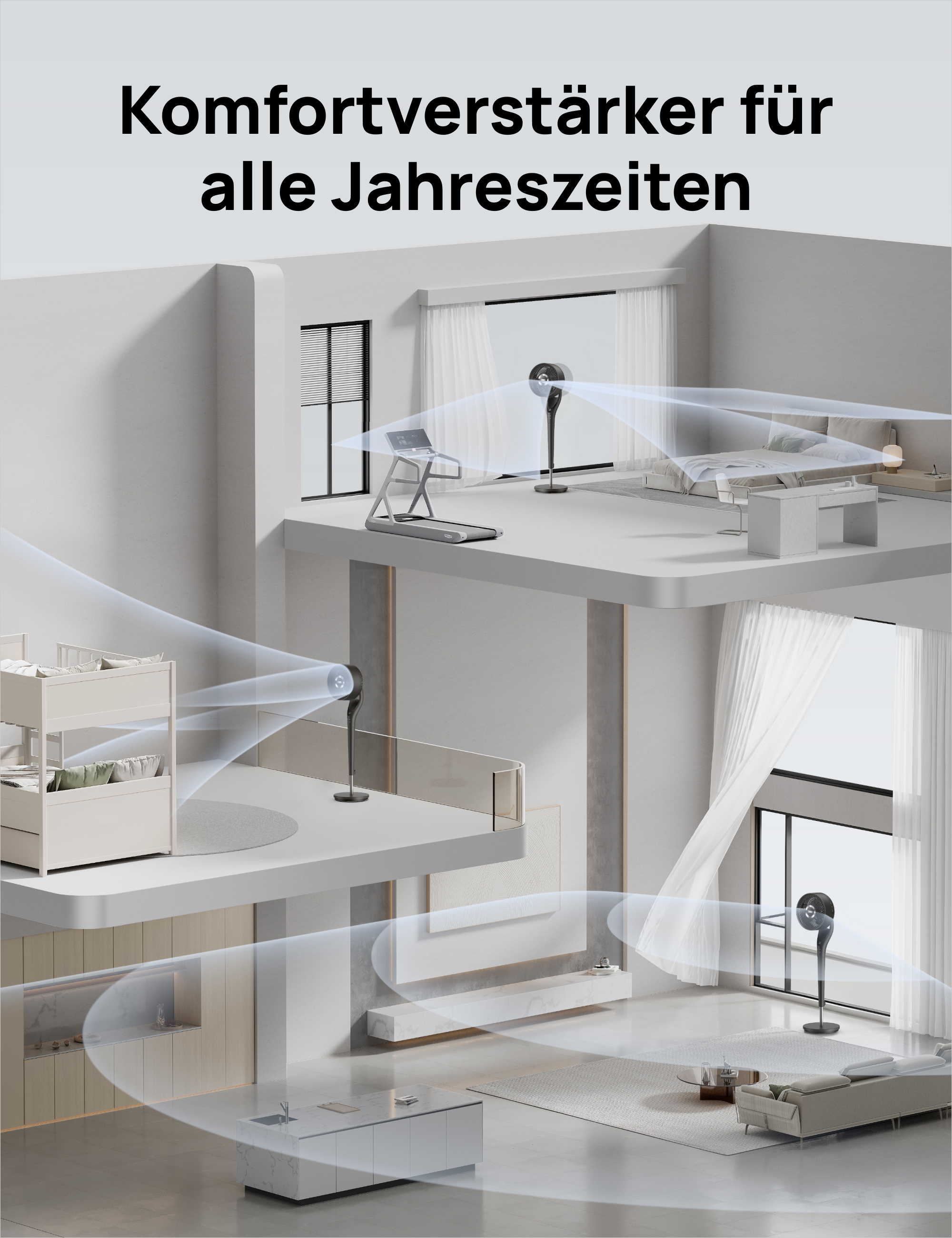 Ein moderner Raum mit mehreren Ebenen, Lüftern und Luftströmen.