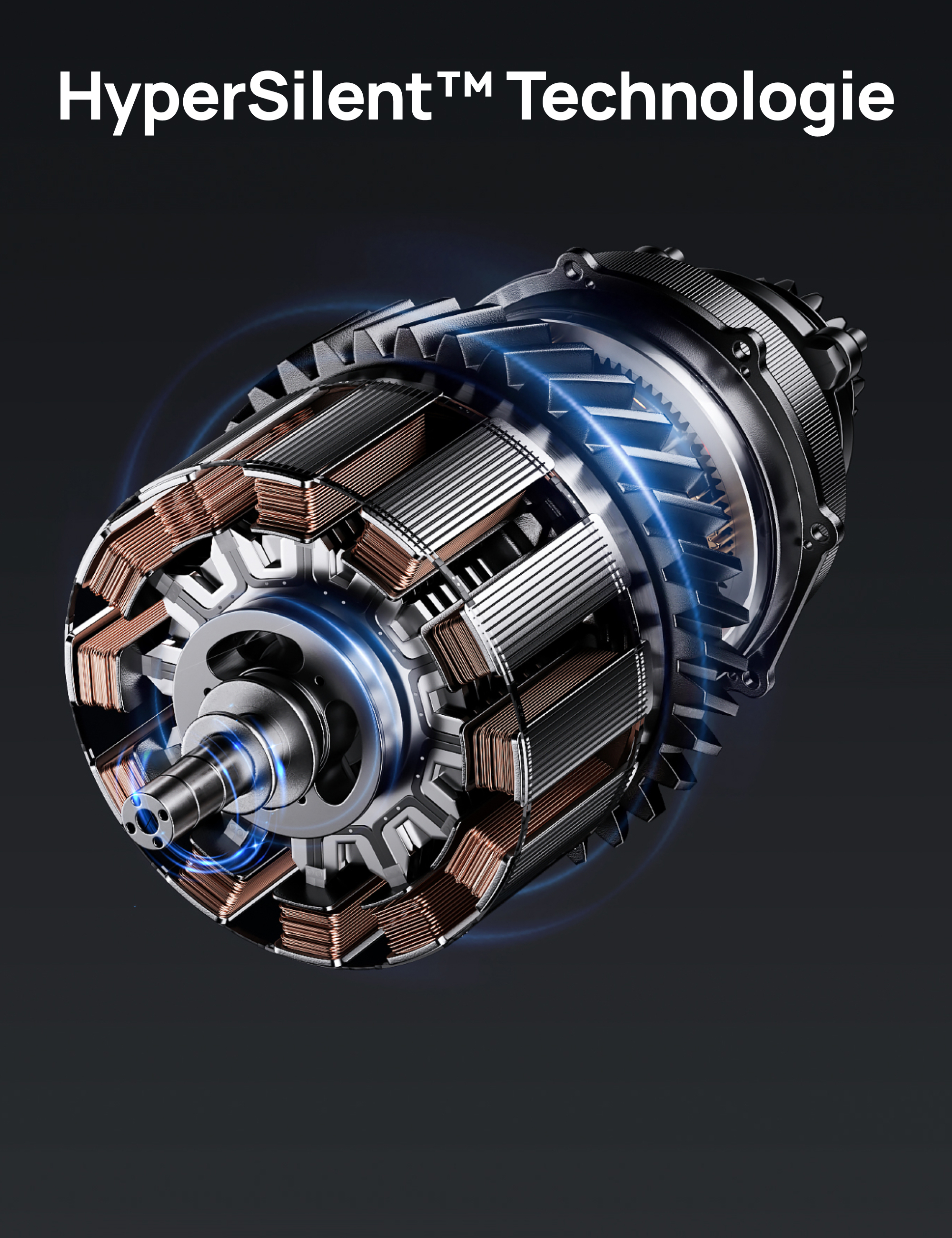 Detailansicht eines Motors mit Kupferwicklungen und Zahnrädern, blau beleuchtet.