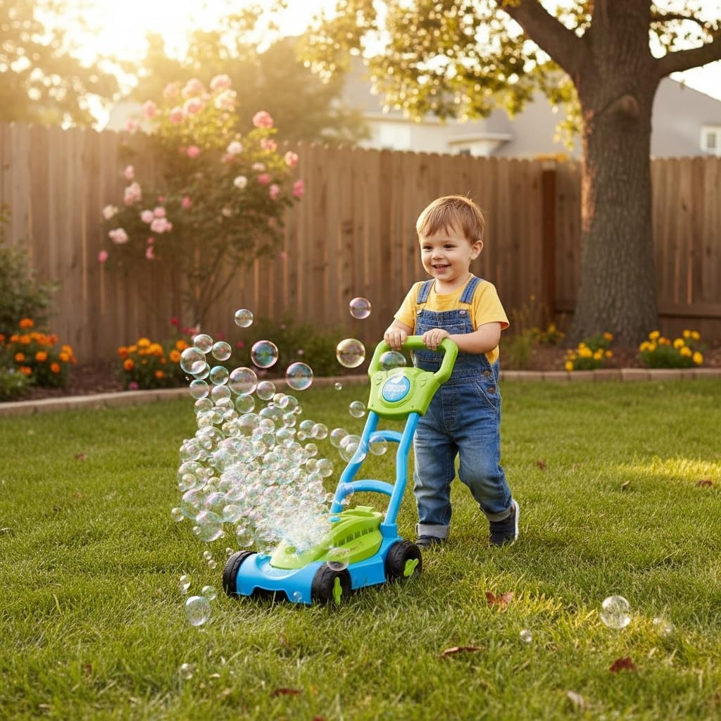 Ein Junge schiebt einen Spielzeugrasenmäher, der Seifenblasen macht, im Garten.