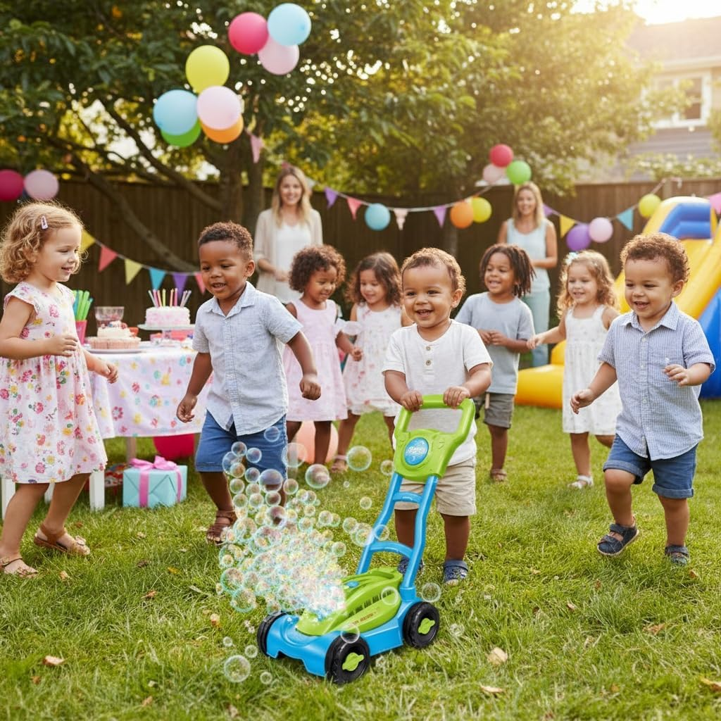 Kinder auf einer Gartenparty spielen mit einem Seifenblasenmäher. Ballons und Dekorationen sind sichtbar.