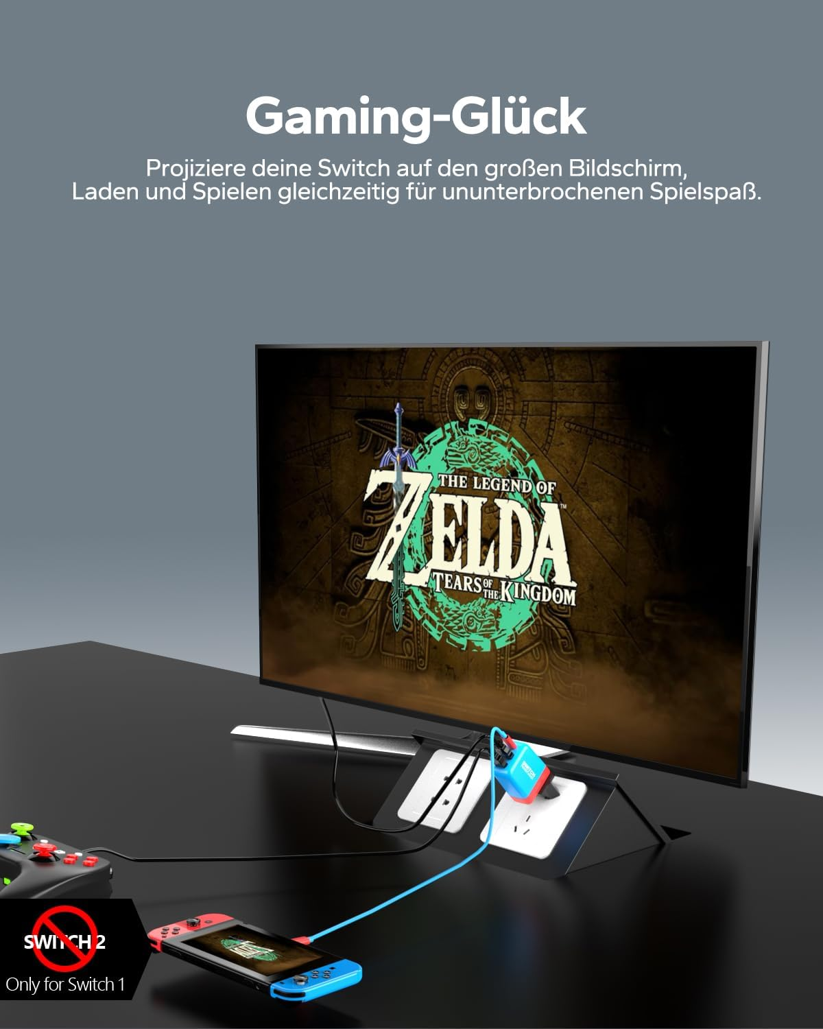Nintendo Switch mit Zelda: Tears of the Kingdom auf dem Bildschirm, an Dock & Controller angeschlossen.