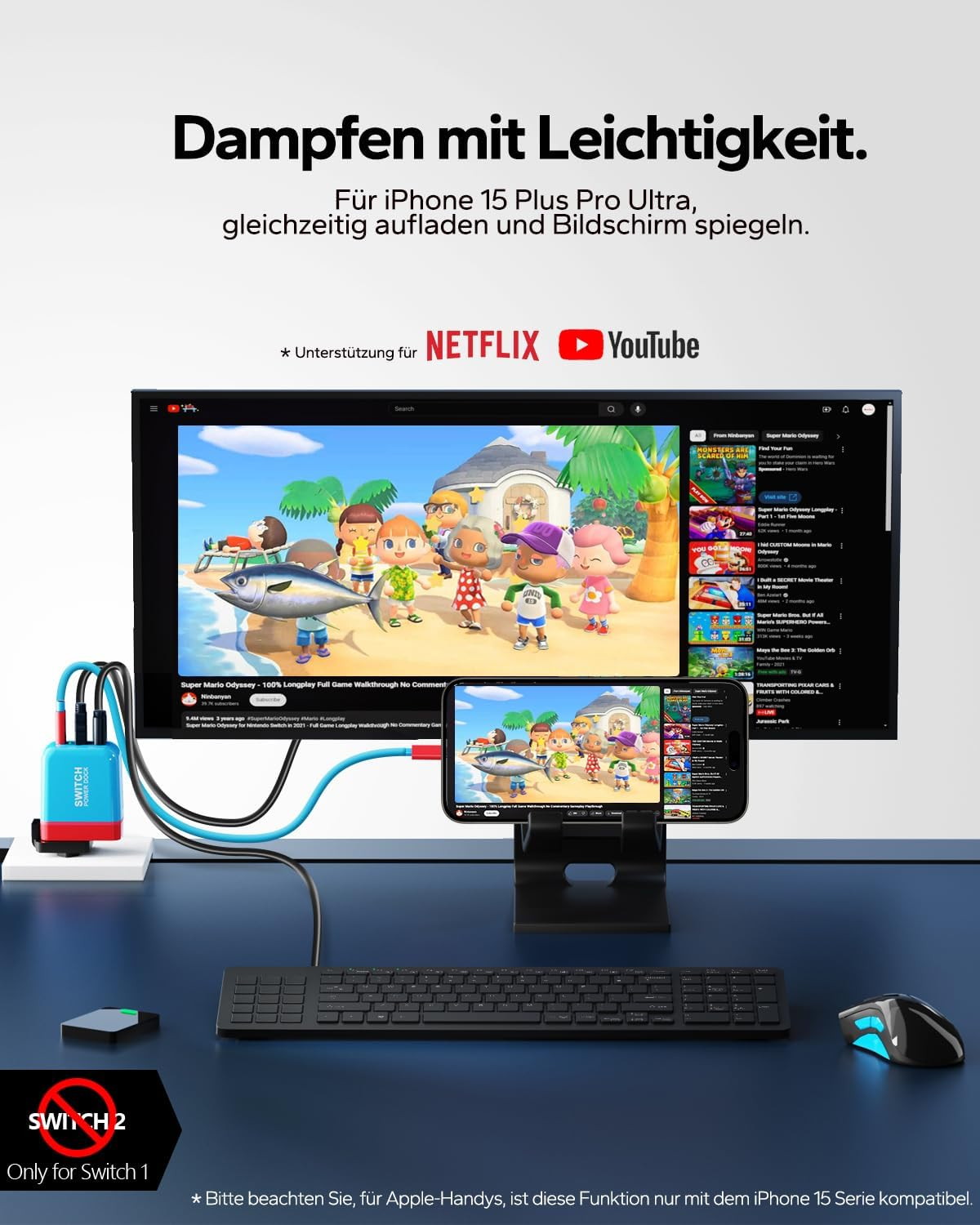 Ein iPhone spiegelt den Bildschirm eines Computers, der YouTube zeigt. Ein Ladeadapter ist angeschlossen.