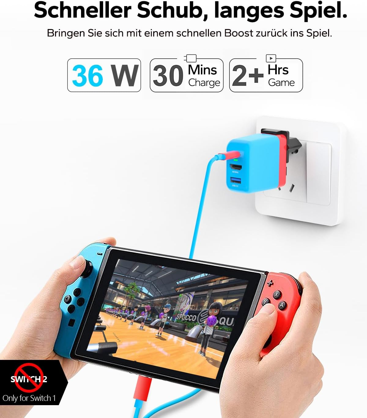 Nintendo Switch mit Ladegerät, 36W, 30 Min Ladezeit, 2+ Std. Spielzeit.