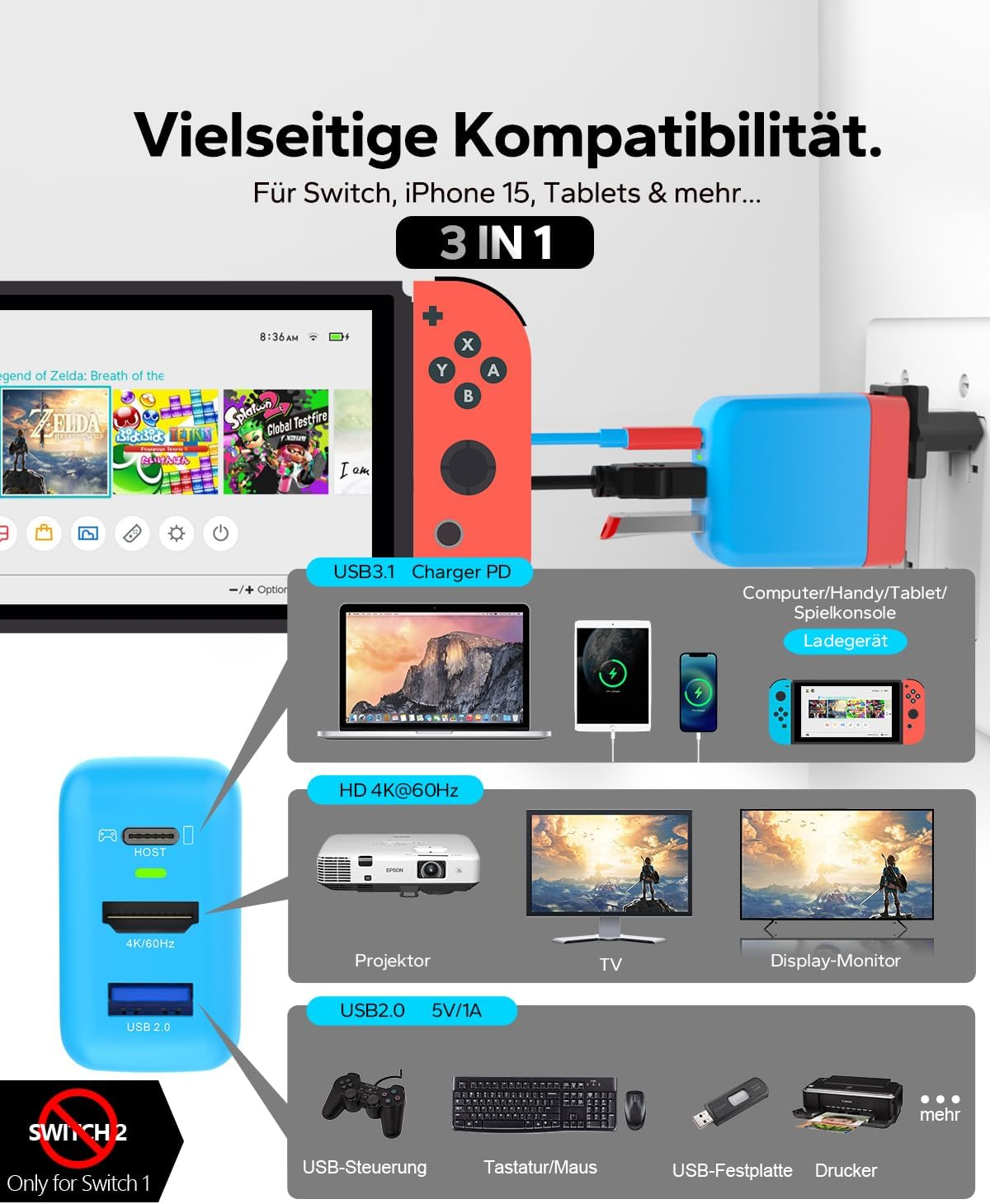 Ein Nintendo Switch mit angezeigten Spielen, verbunden mit einem blauen 3-in-1-Adapter mit mehreren Anschlüssen.