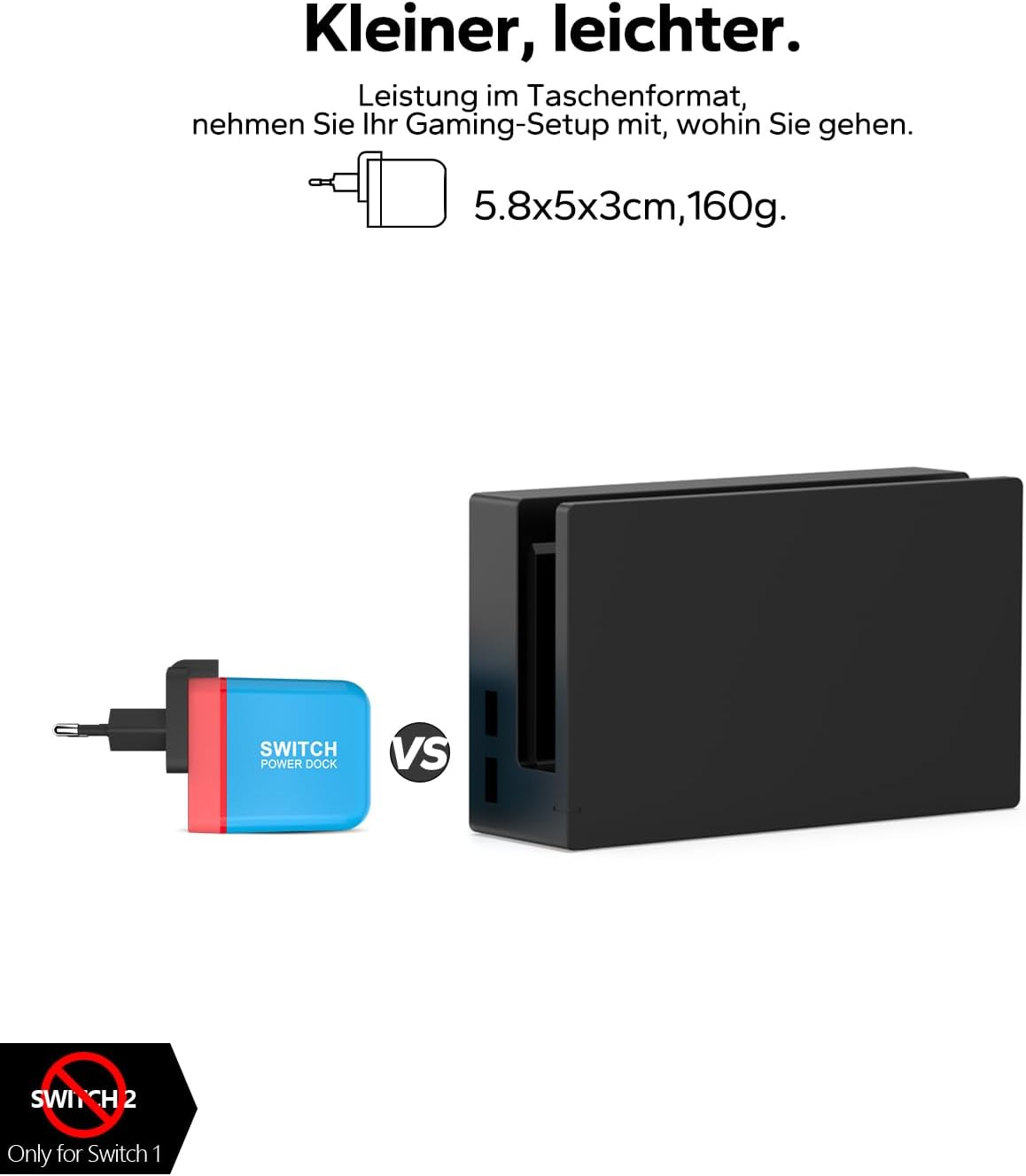Ein blauer Switch Power Dock neben einer schwarzen Dockingstation.