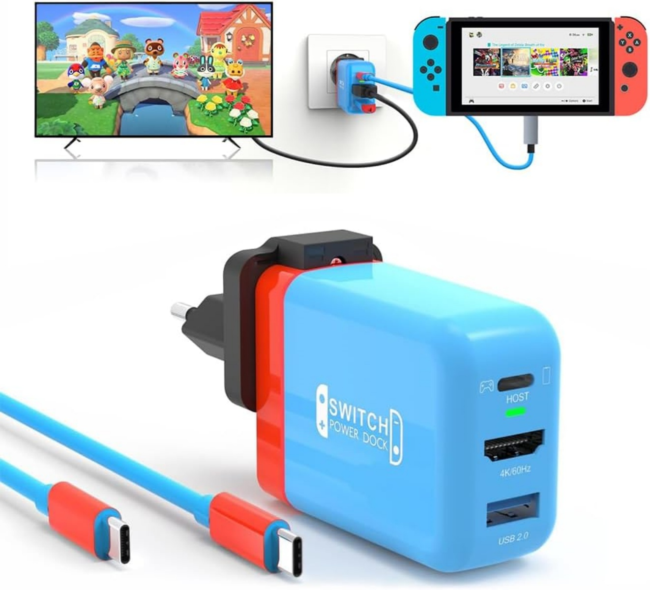 Ein blauer und roter Switch Power Dock mit Kabeln und einem Nintendo Switch.