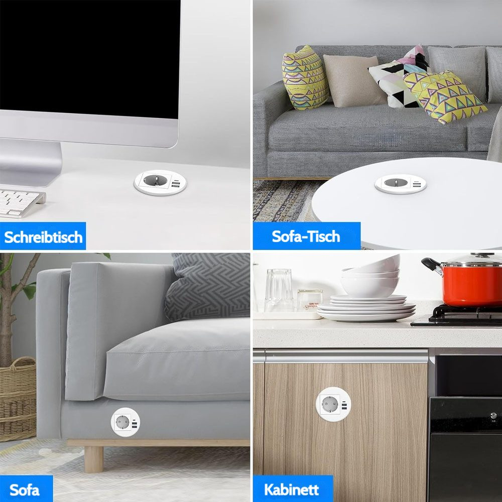 Vier Szenen zeigen eine versenkbare Steckdose auf einem Schreibtisch, Couchtisch, Sofa und Schrank.
