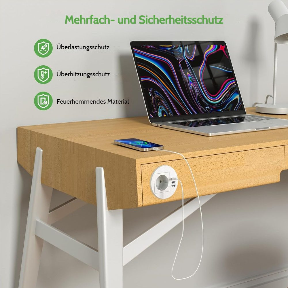 Schreibtisch mit Laptop, Handy, Steckdose und Sicherheitsmerkmalen.