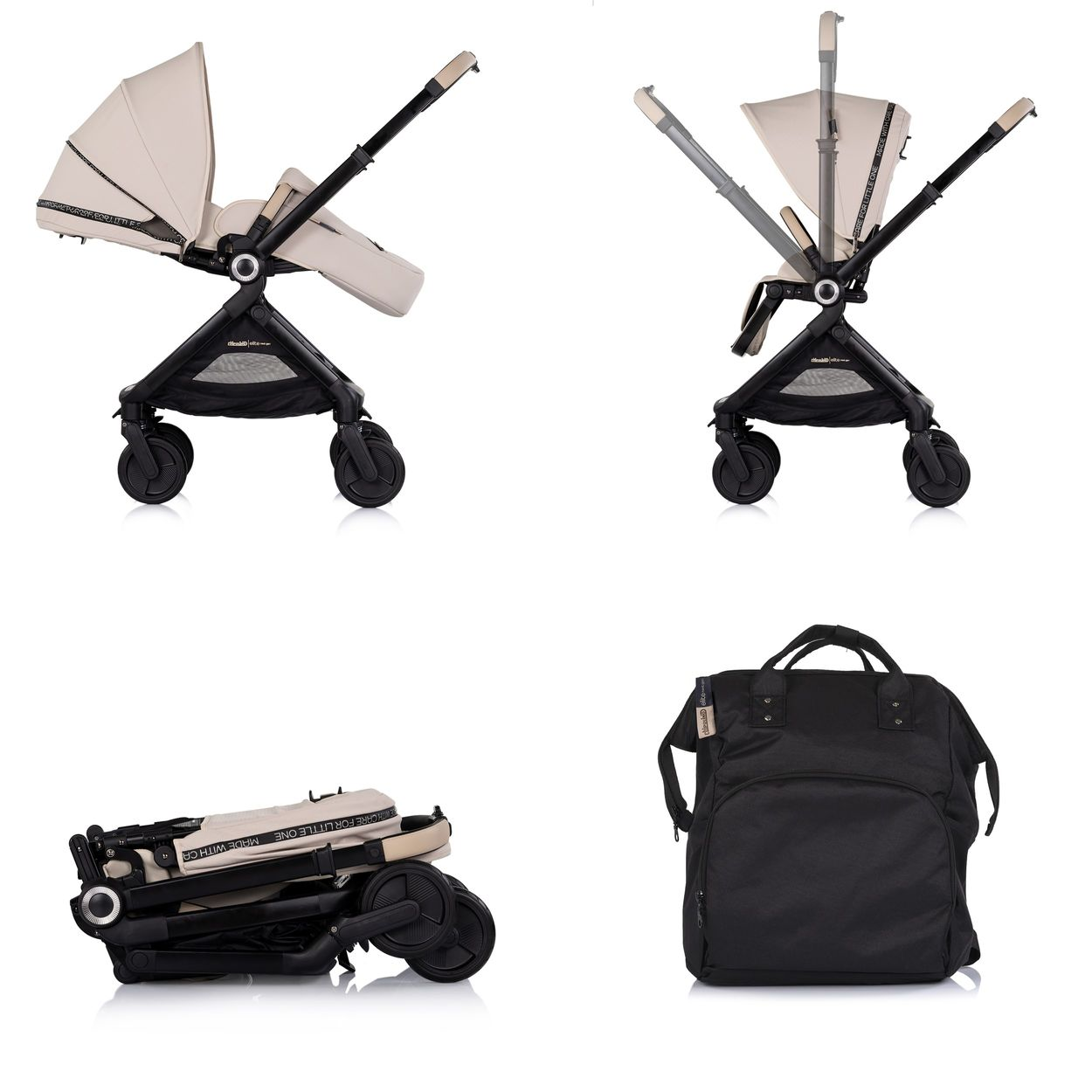 Vier Bilder zeigen einen beigen Kinderwagen: offen, verstellbar, zusammengeklappt, und ein schwarzer Rucksack.