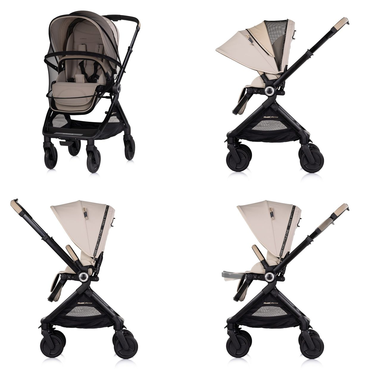 Ein beigefarbener Kinderwagen mit schwarzem Rahmen und Rädern.