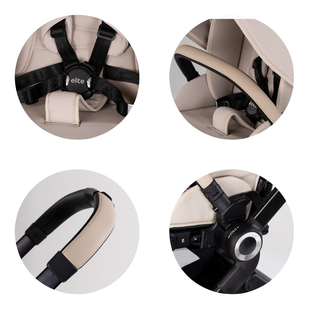 Beige Kinderwagen-Details: Gurte, Griff und Faltmechanismus.