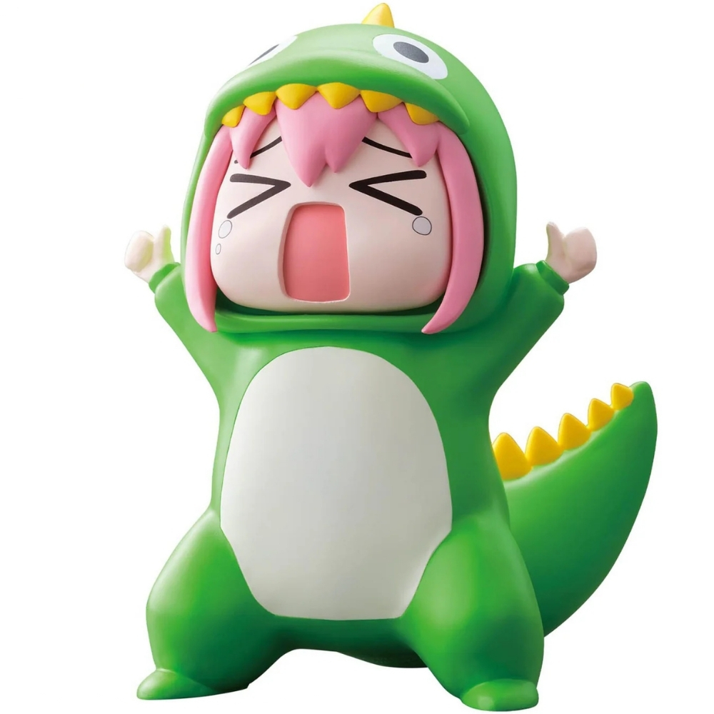 Figura costume da dinosauro verde con capelli rosa e pancia bianca, piange felicemente.