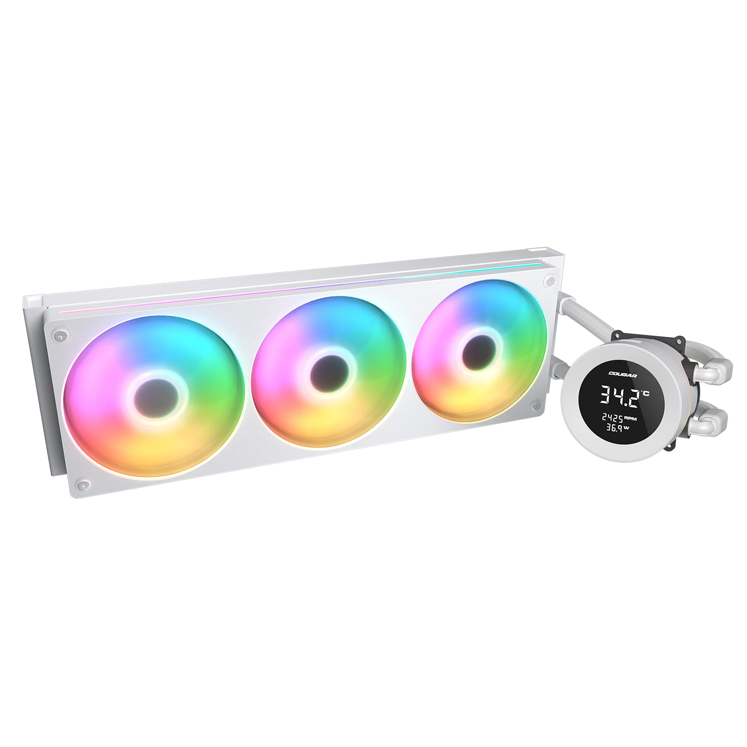 Biała chłodnica cieczy z 3 wentylatorami RGB i cyfrowym wyświetlaczem.