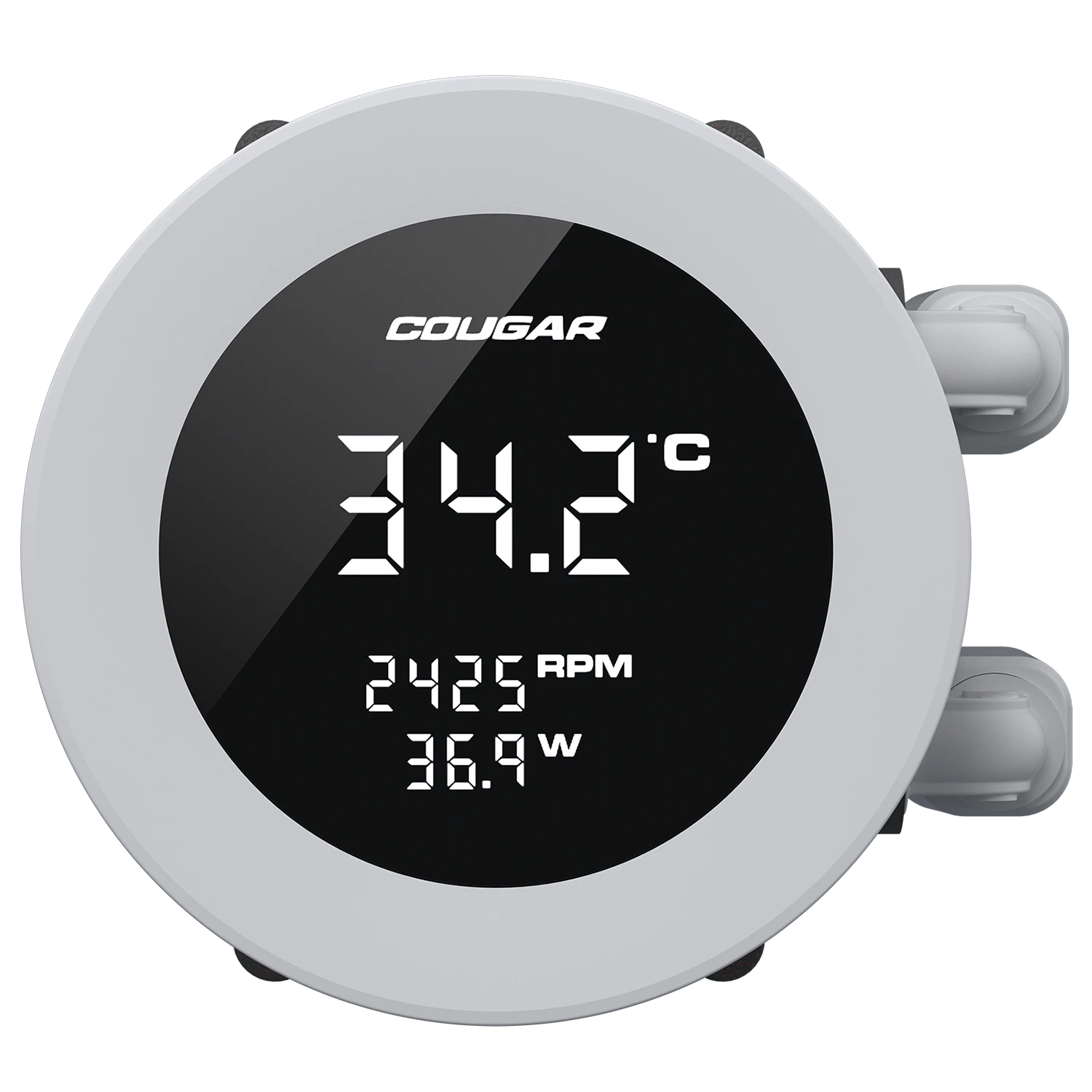Okrągły szary kontroler wentylatora z czarnym cyfrowym wyświetlaczem. Pokazuje 34.2°C, 2425 RPM i 36.9W.