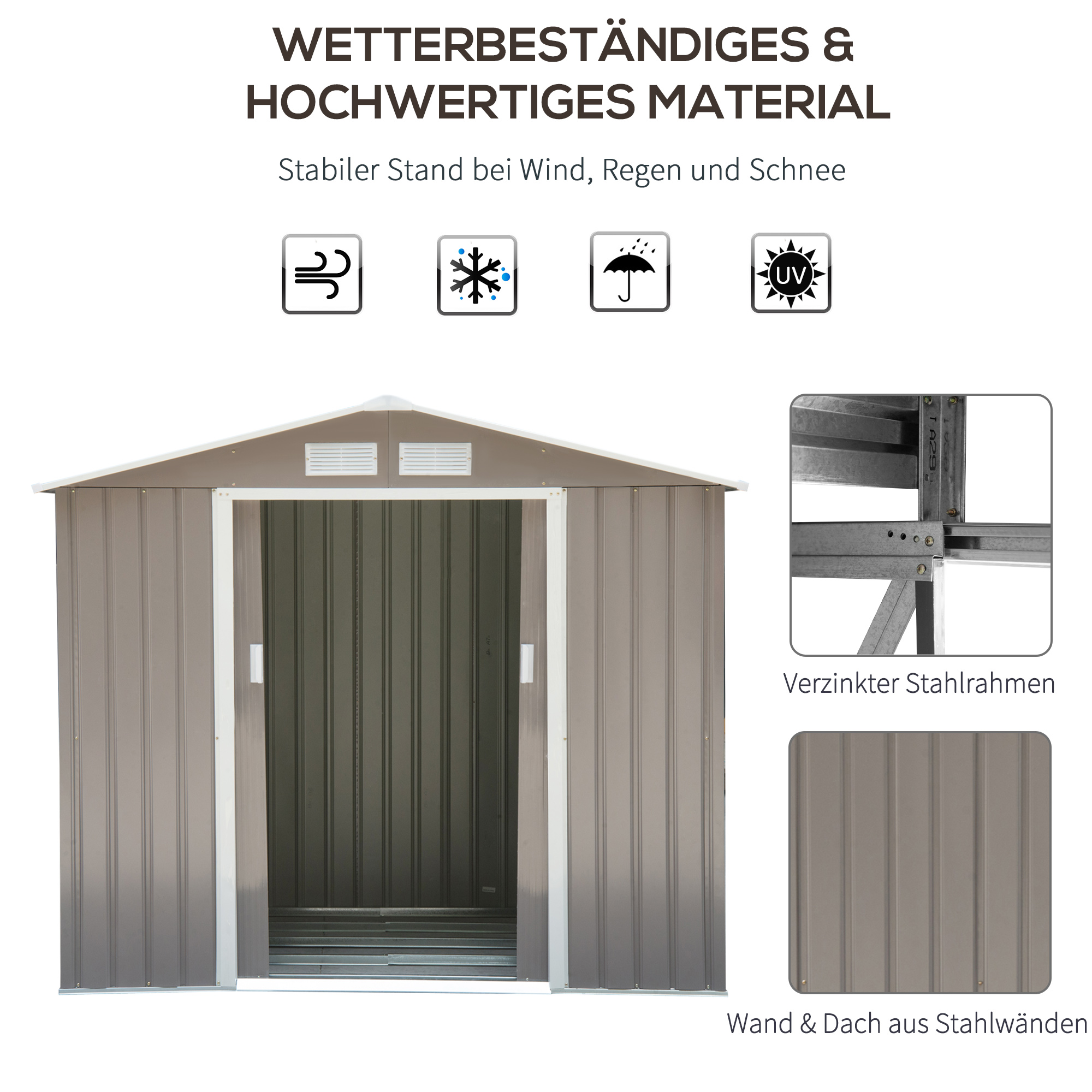 Ein wetterbeständiger Schuppen aus Metall mit verzinktem Stahlrahmen und Dach.