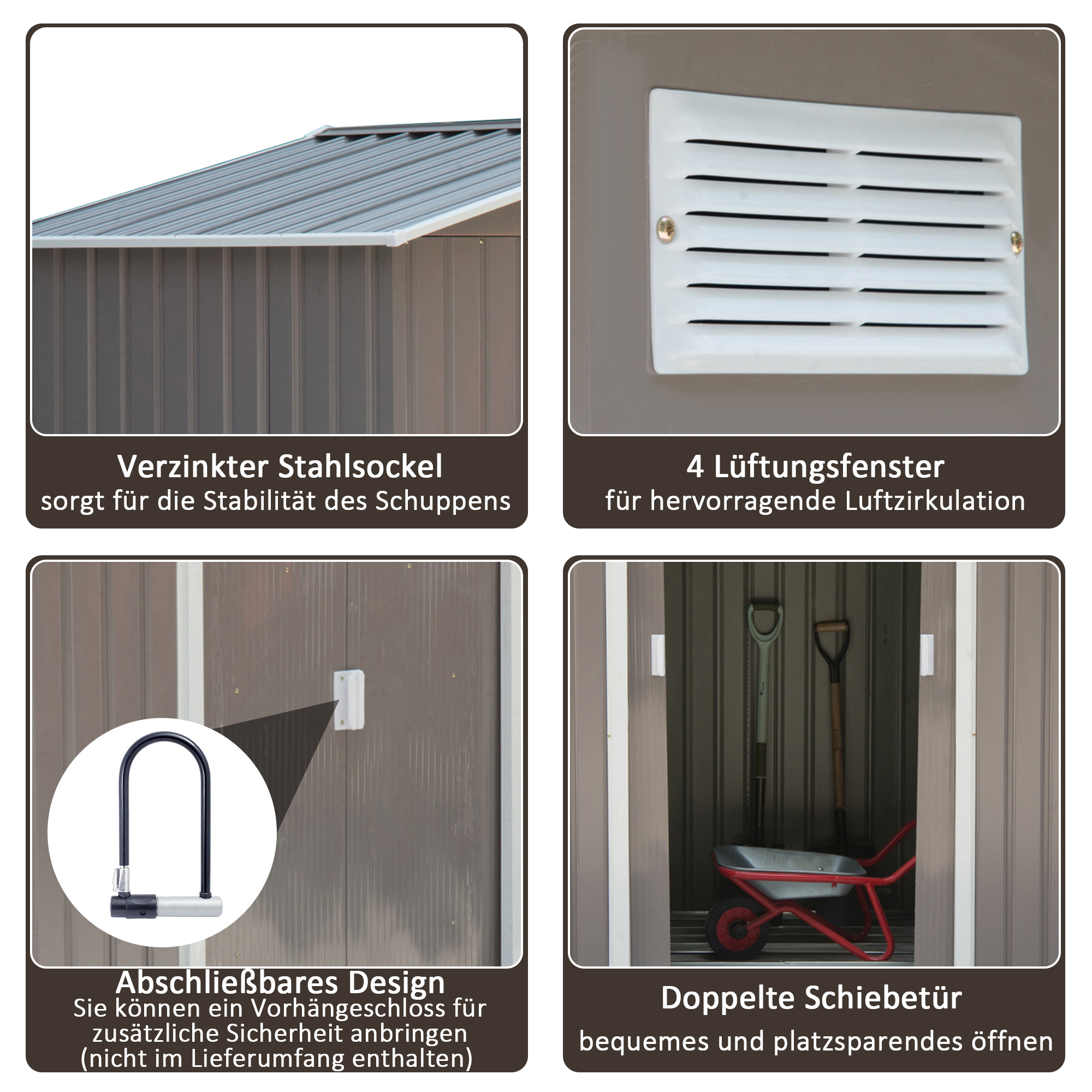 Ein Schuppen mit verzinktem Sockel, Lüftungsfenstern, abschließbarer Tür und Doppelschiebetür.