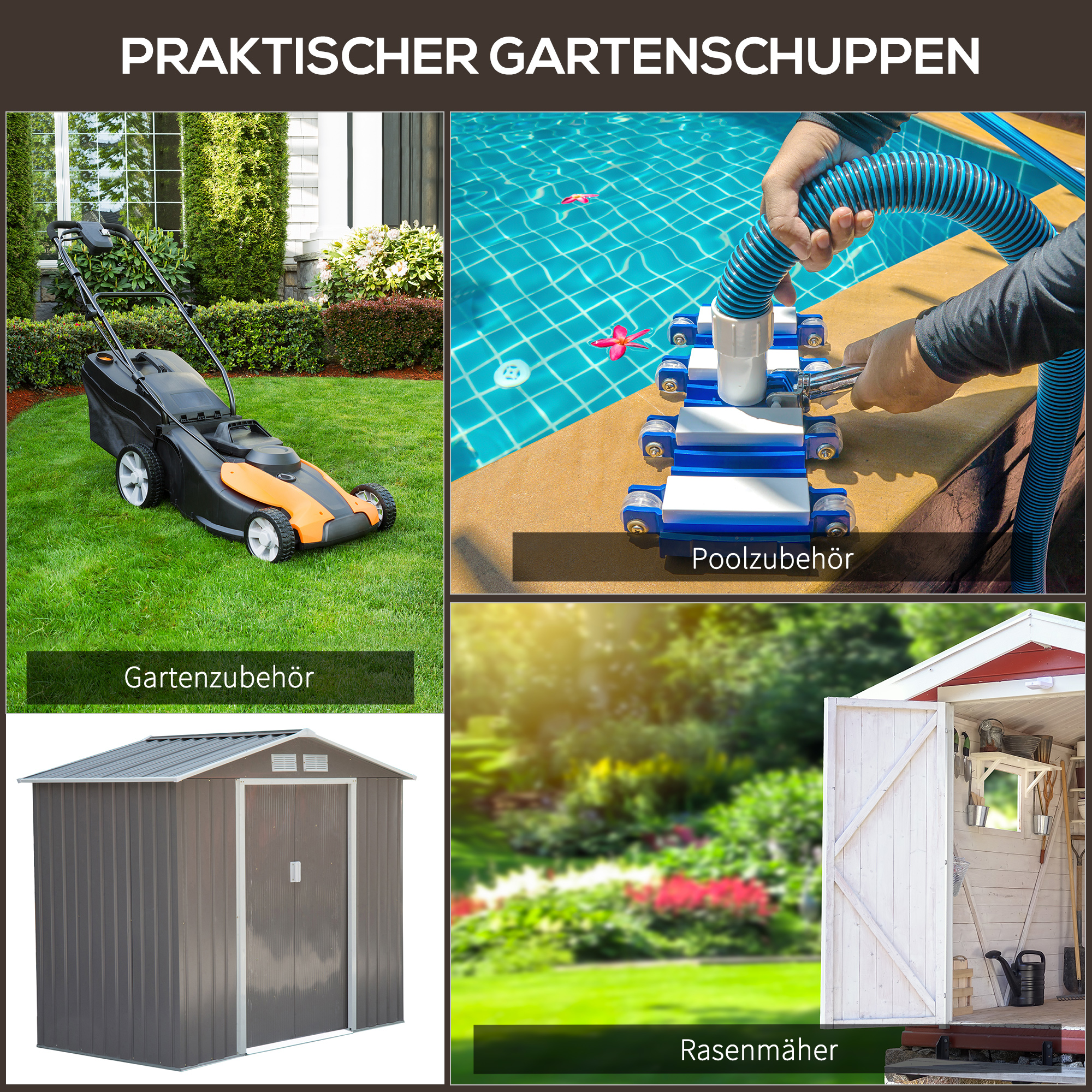Ein Gartenwerkzeug-Layout mit Rasenmäher, Poolzubehör und Gartenschuppen.