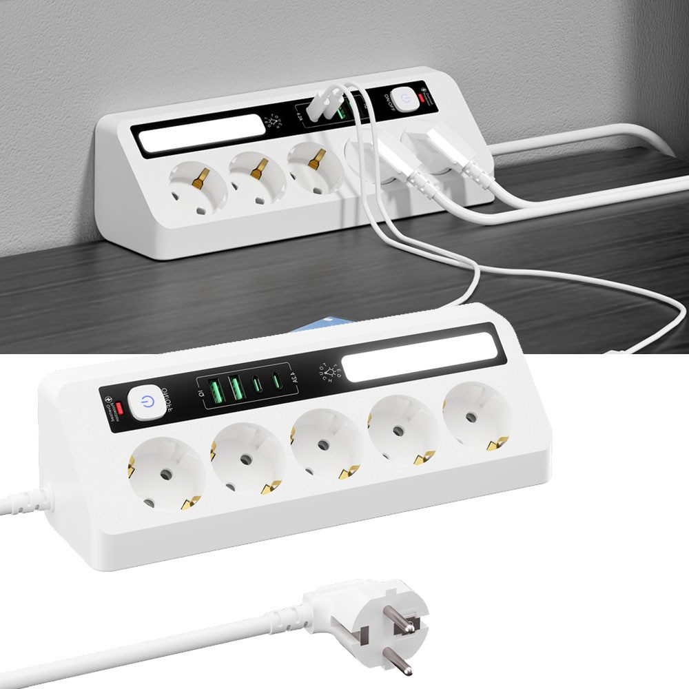 Eine weiße Steckdosenleiste mit mehreren Steckdosen und USB-Anschlüssen.