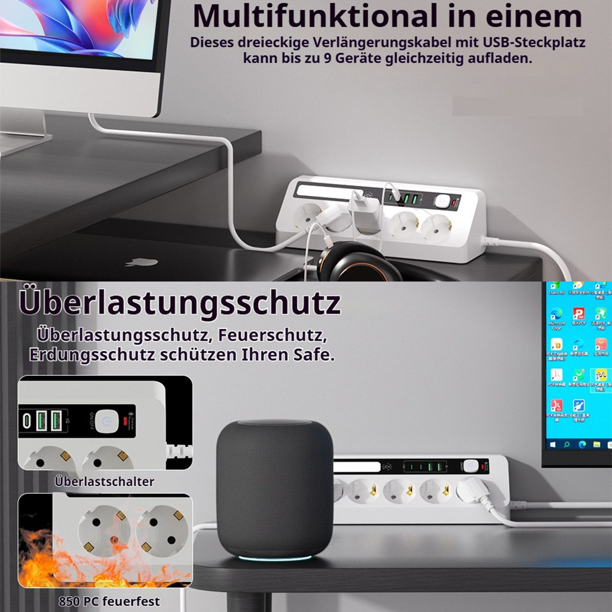 Ein weißer Mehrfachstecker mit USB-Anschlüssen, daneben ein schwarzer Lautsprecher.