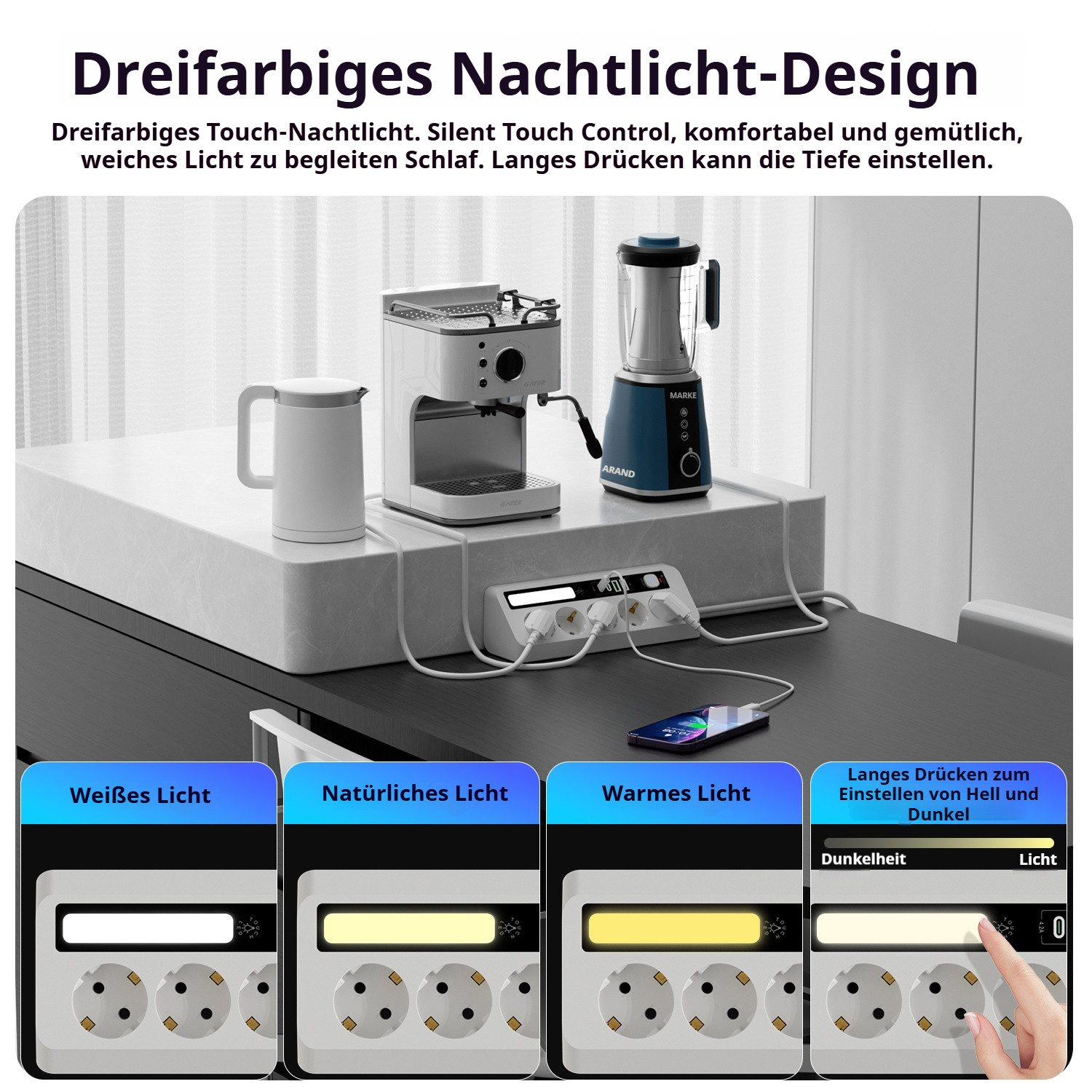 Drei Küchengeräte und eine Steckdosenleiste mit Touch-Steuerung.