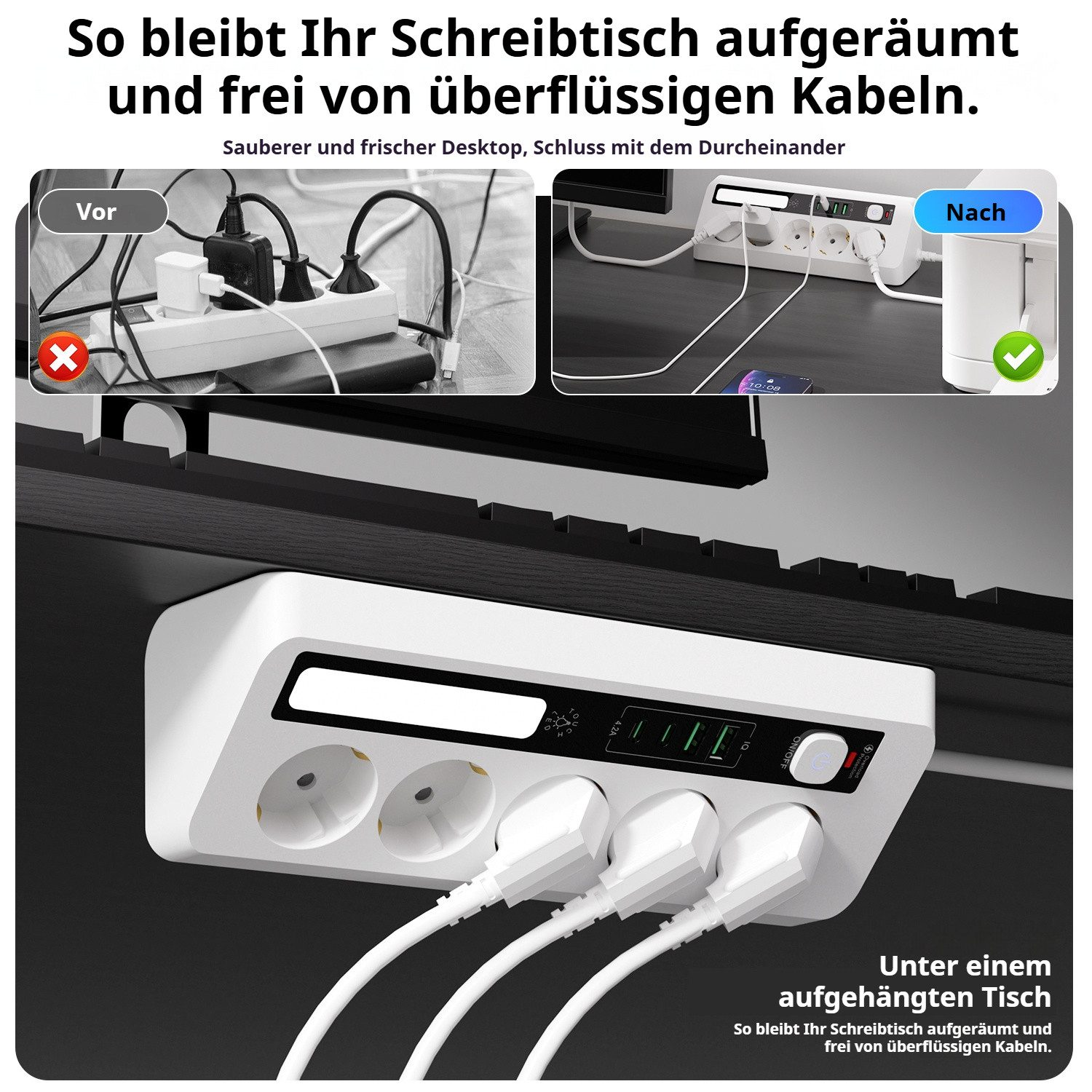 Vorher/Nachher Vergleich eines Schreibtisches mit und ohne Kabelmanagement-Lösung.